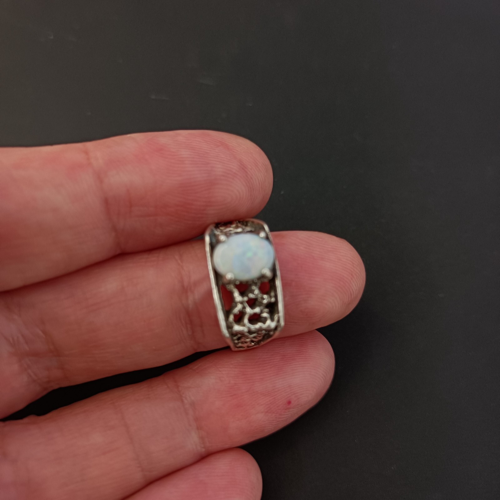 Vintage Opal Ring Silver Brutalist Modernist Israeli Men’s Pinky Women Abstract