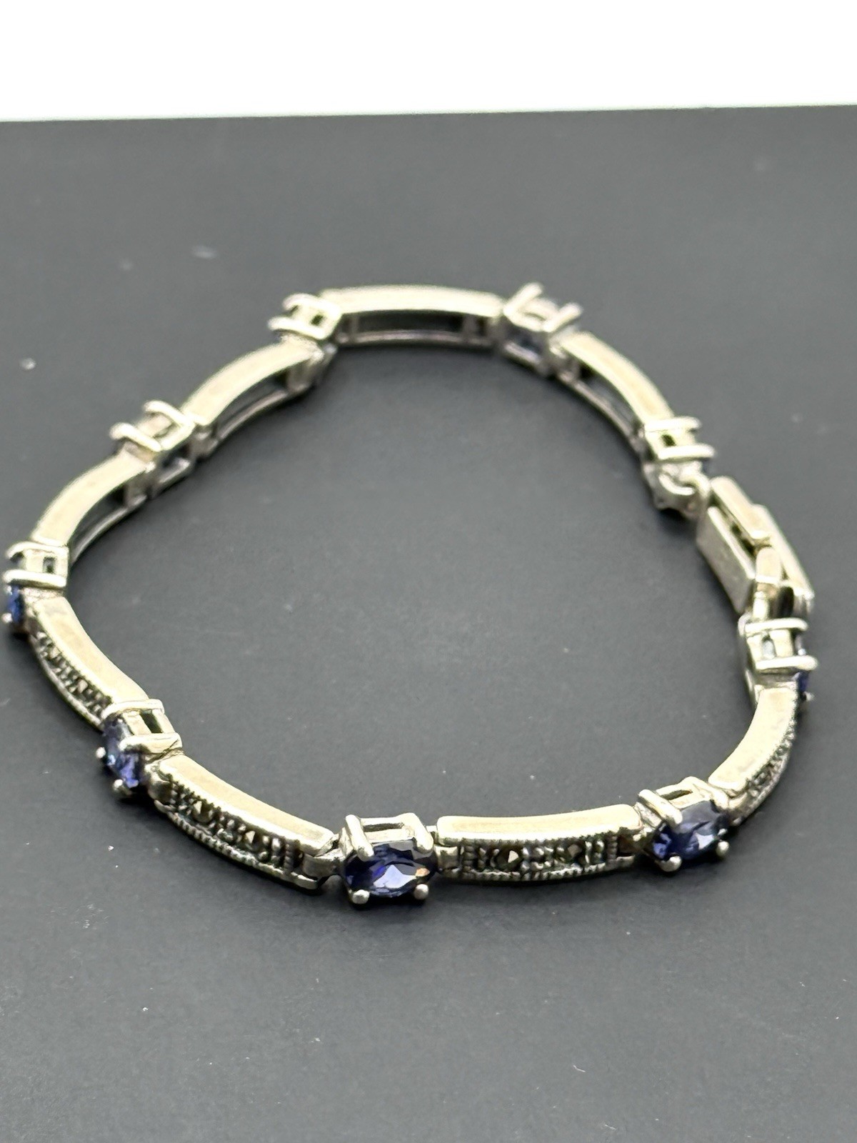 Vintage 925 CW Amethyst Marcasite Stone Panel Link Bracelet Sterling Silver 8”