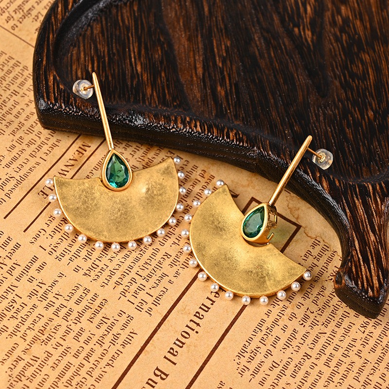 Vintage Dangle Earrings Palace Gold Fan Leaf Real Pearl Art Deco Jewelry