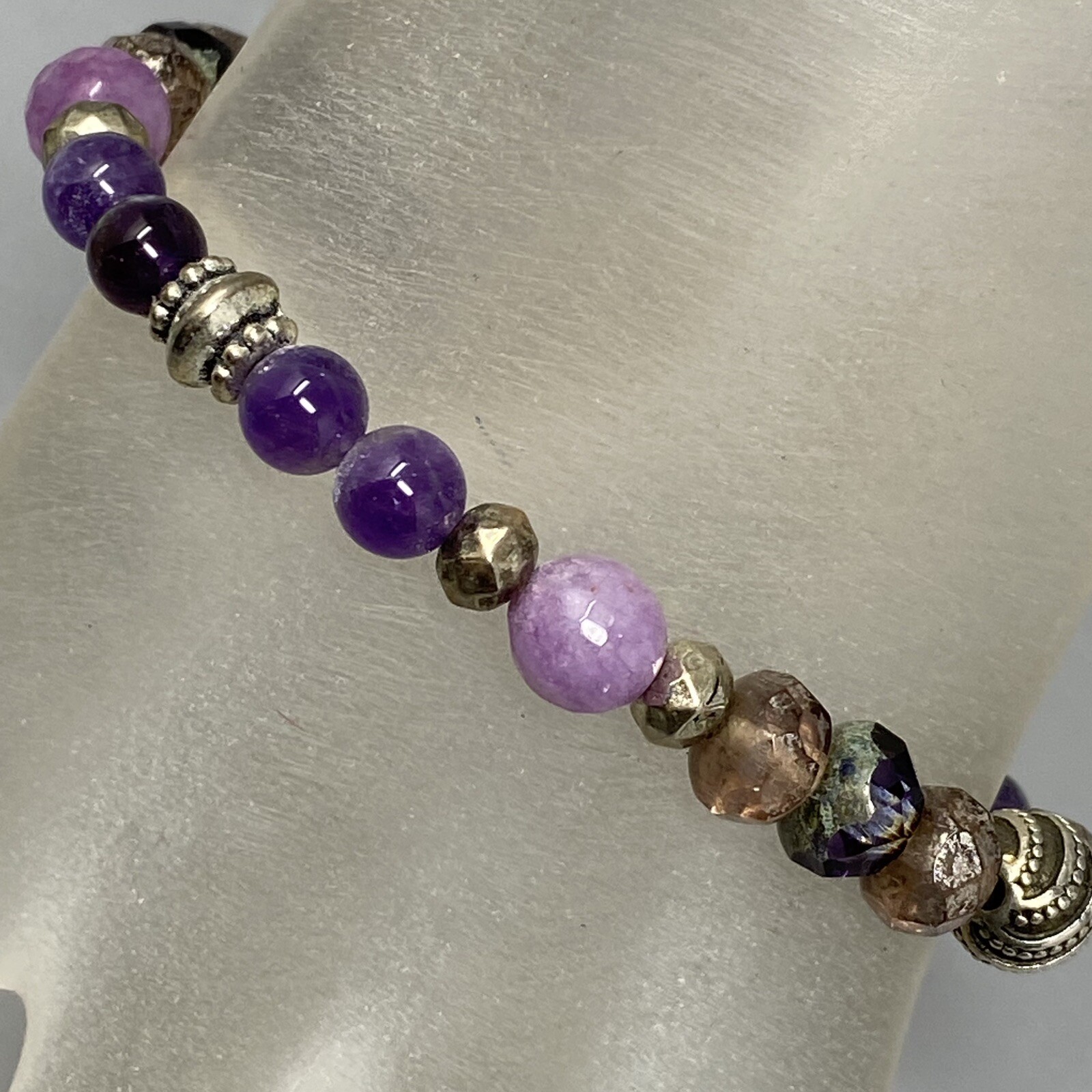 Amethyst Bracelet Purple Faceted Beads Picasso Czech Silver Tone Spacers Stretch