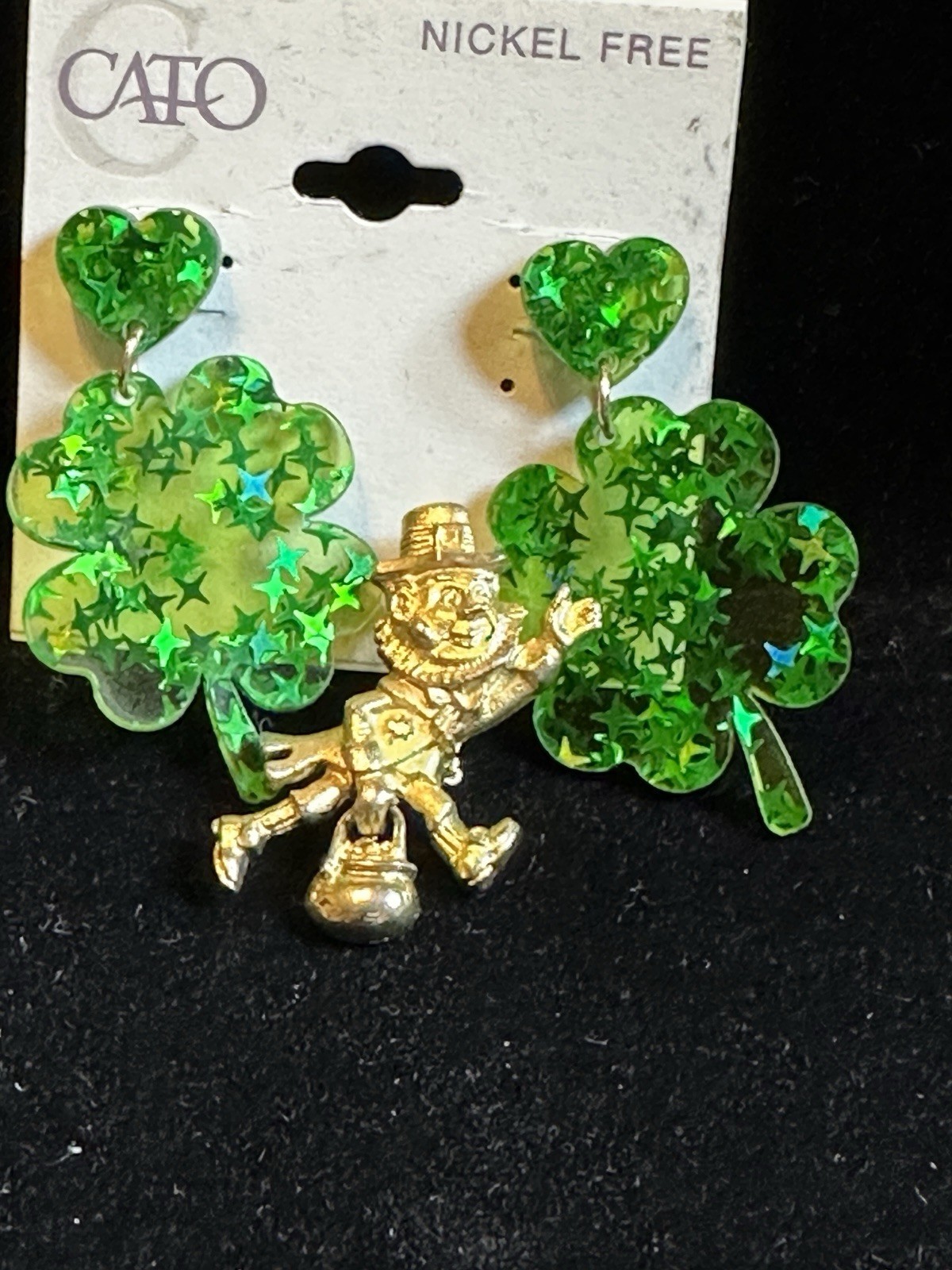 Vintage Holiday 1980’s Golden Leprechaun Pin& New Sparky Green Clover Earrings