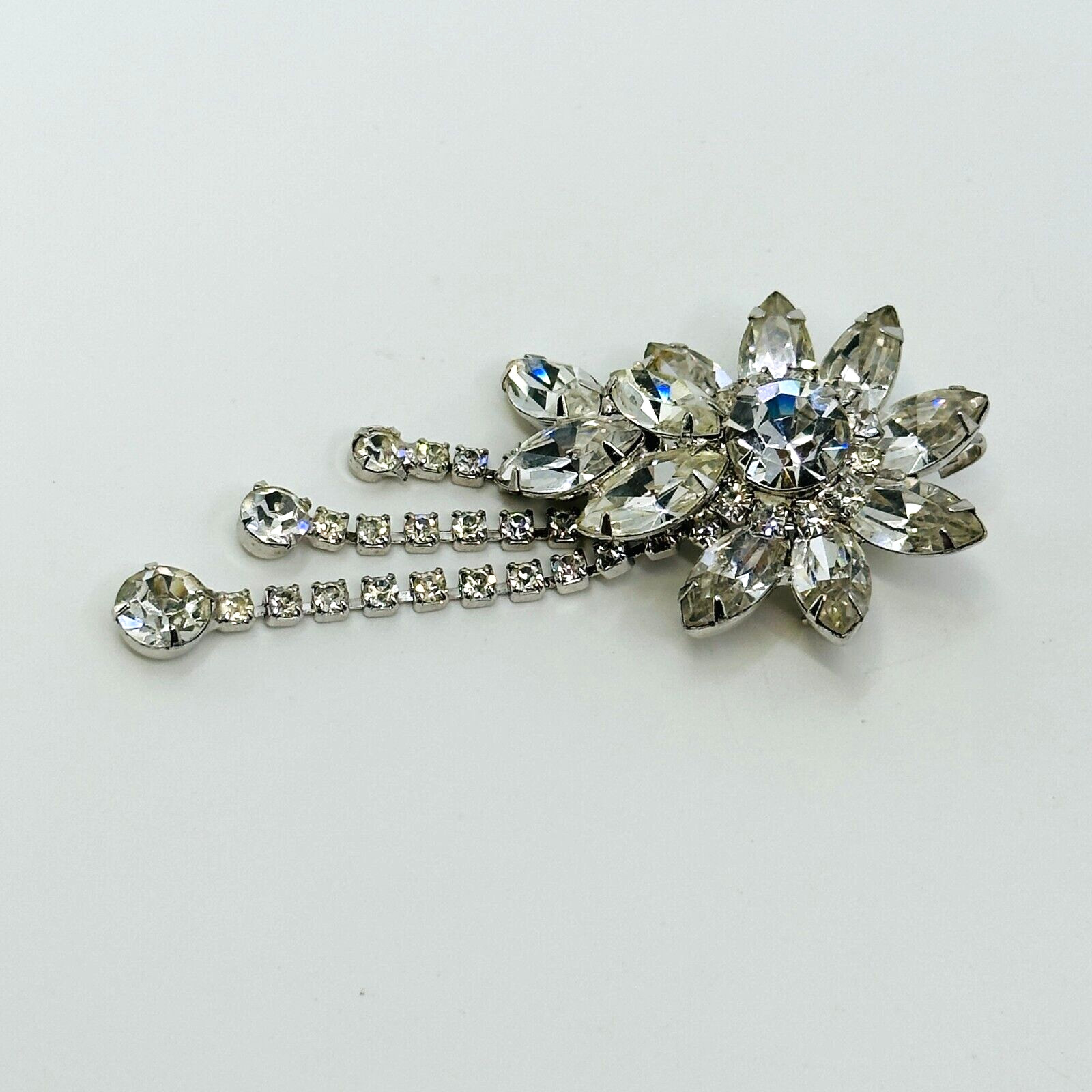 VTG Brooch Rhinestone Flower Prong Set Pendant Stunning Unsigned Beauty 3.5″