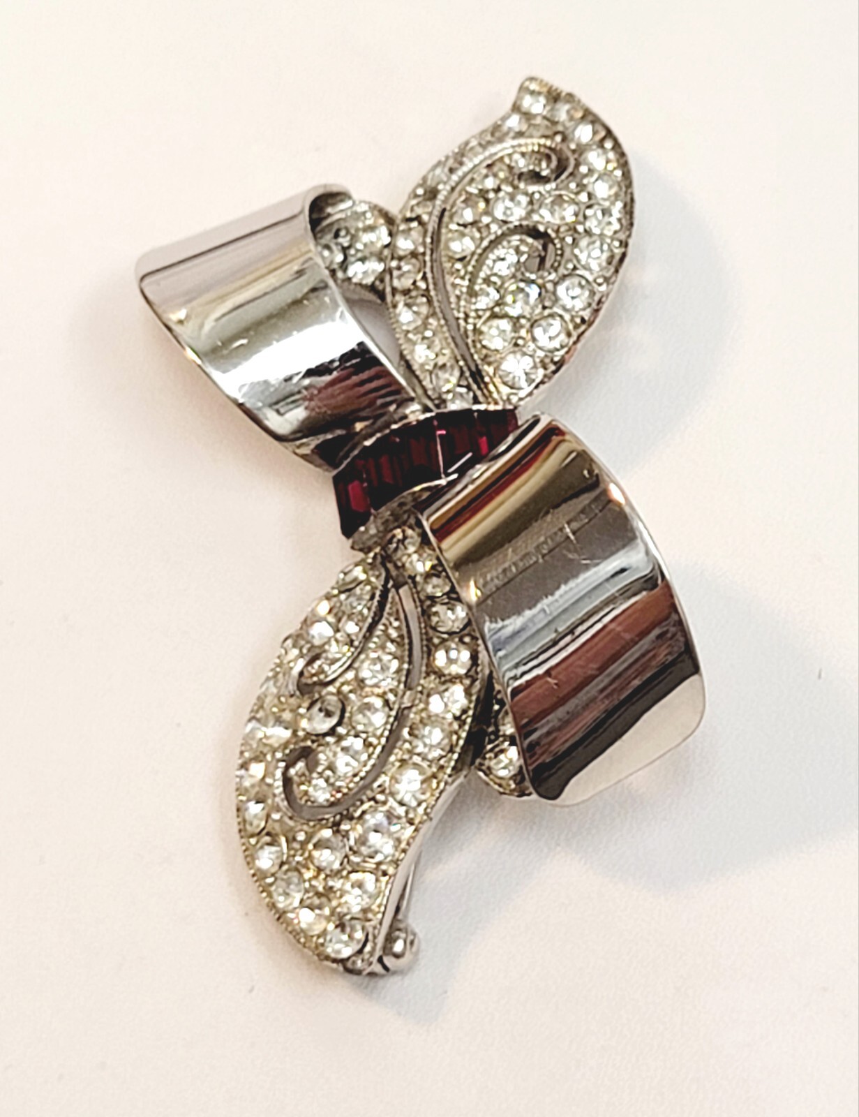 Vintage Large Rhodium Red Clear Rhinestone Bow Brooch Reja Boucher Style