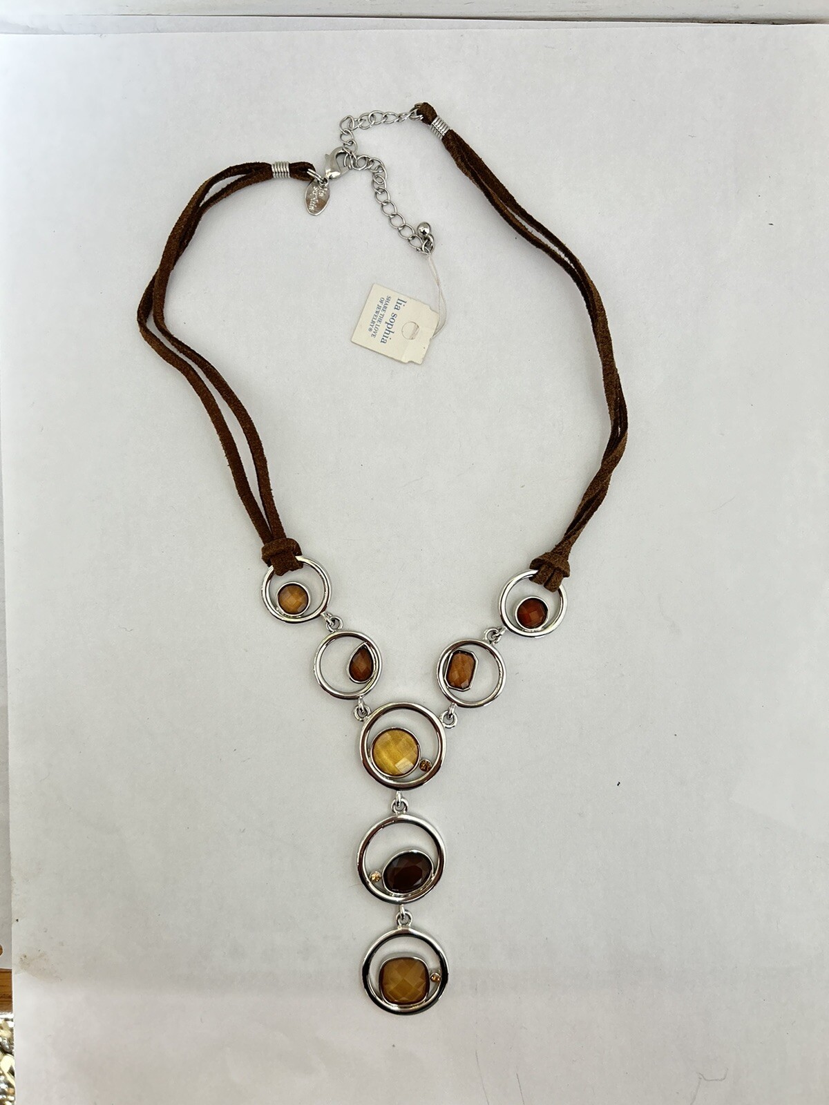 Signed Lia Sophia Necklace w/ Leather Cord Brown Yellow Multifaceted 15in” E14