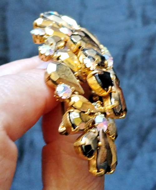 Vtg Crystal Gold Bronze Brooch Pin Lrg Rhinestones AB Openback Clasp for REPAIR