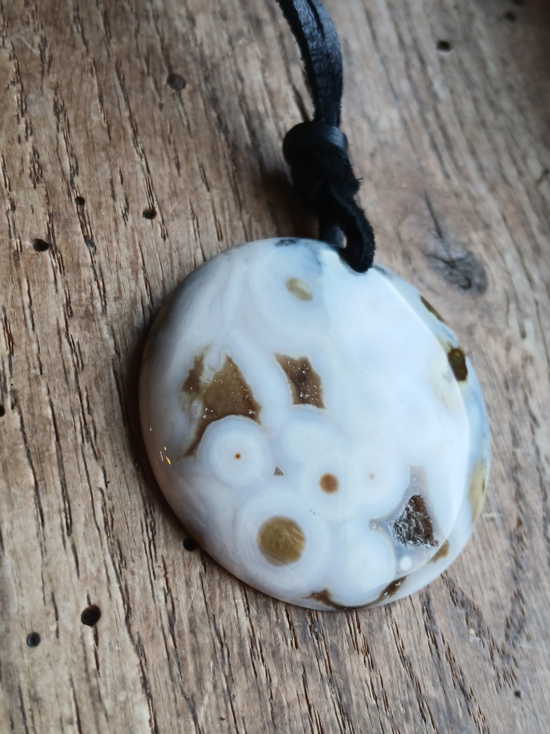 Ocean Jasper Necklace Leather Cord Hippie Boho Layering Beautiful Pattern Round