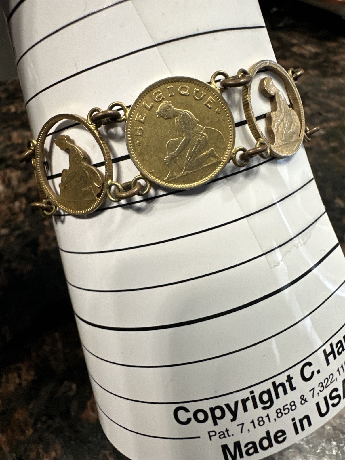 Vintage Coin Bracelet Old Belgium Cut Out Currency 1930 Hook Clasp 7.25 In.
