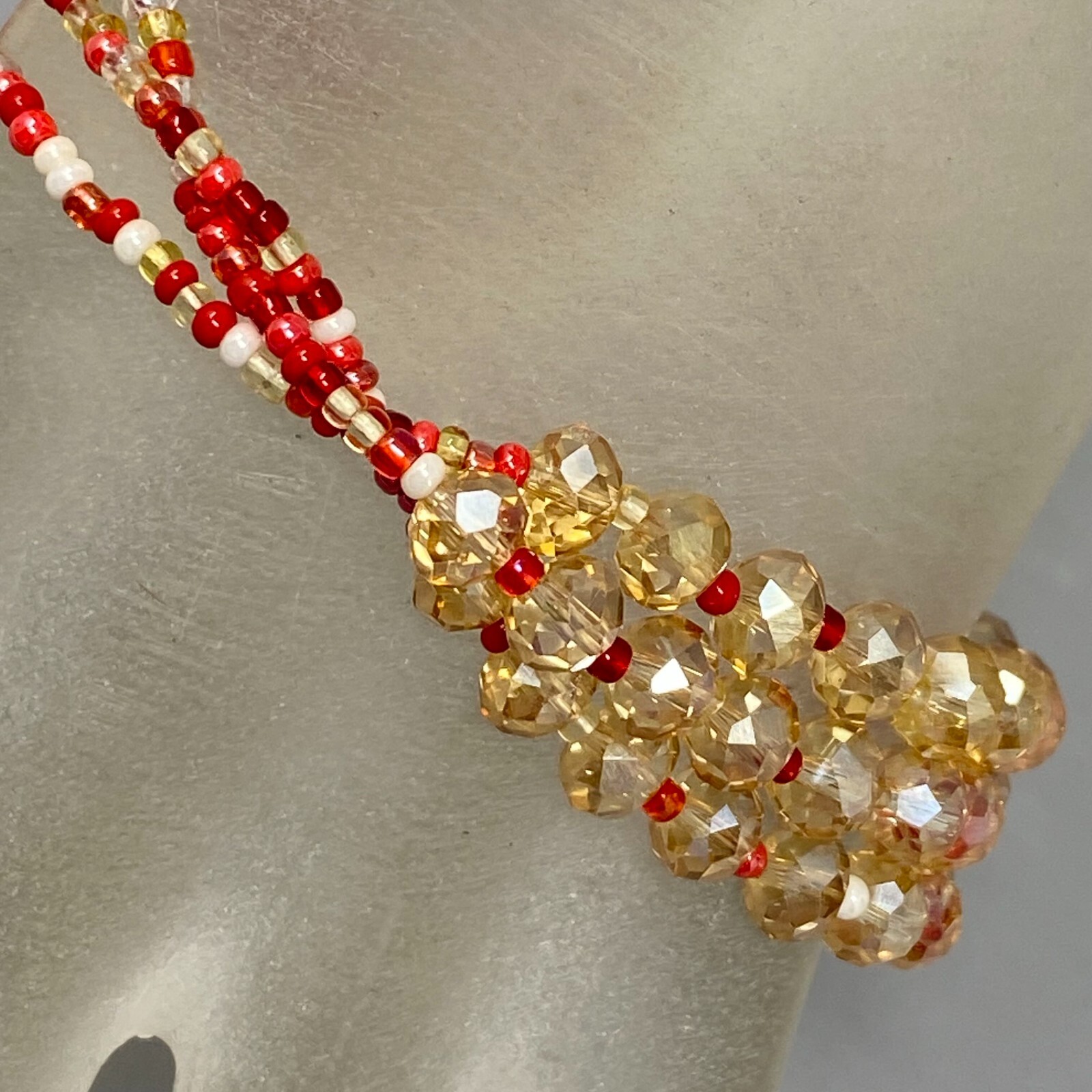 Artisan Seed Bead Bracelet Multi Strand Red Cream Faceted Button Hook Clasp 7.25