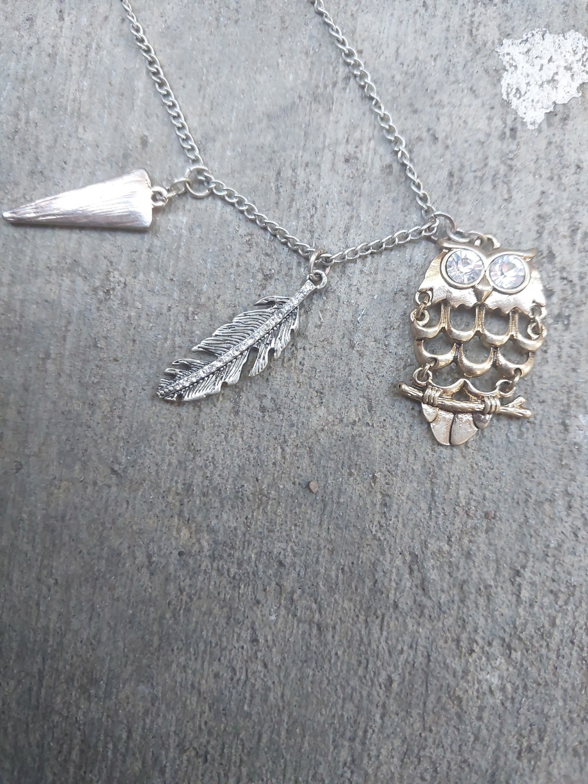 Vtg Silver Tone Articulated Owl Charm Pendant Necklace W Rhinestone Eyes