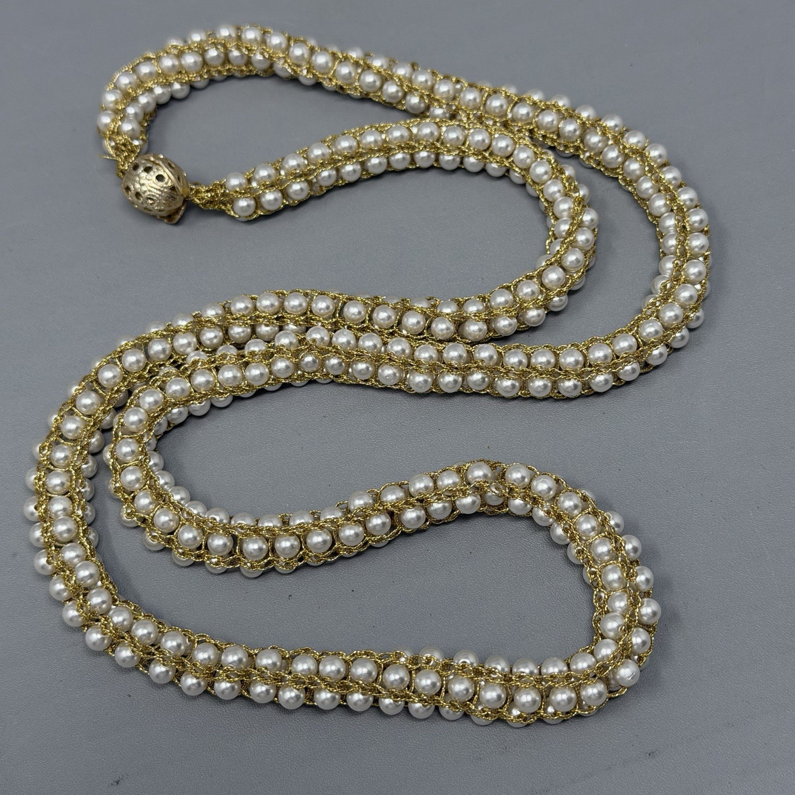 Mini Faux Pearl Necklace Gold Tone Woven Tension Layers Twist Stretchy Handmade