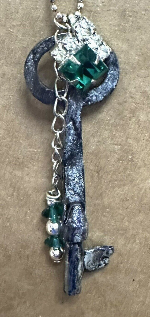 Vintage Key Necklace with Green Stones & Chain Included Newly Made by Artist