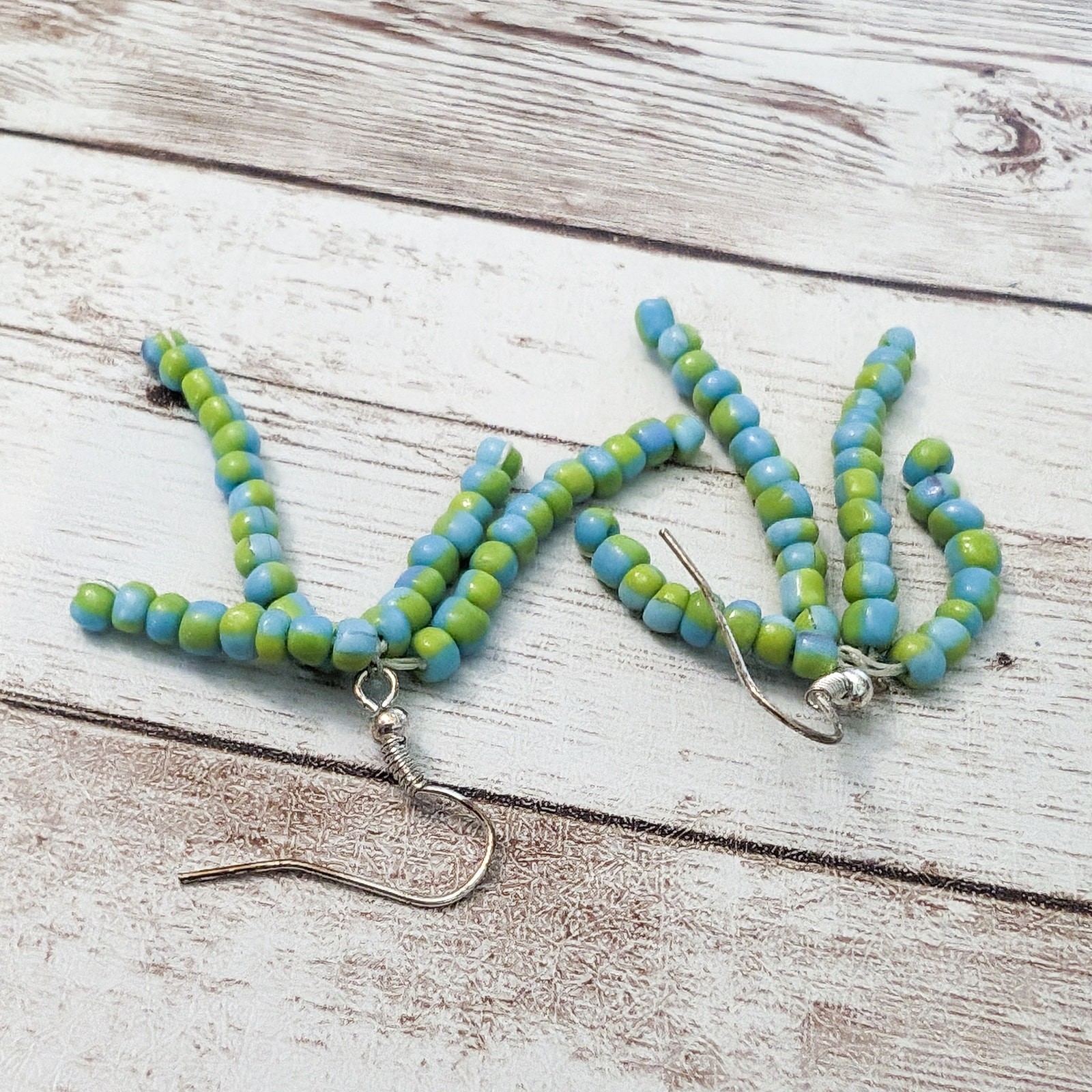 Vintage Earrings For Pierced Ears Light Blue & Green Beaded Dangle