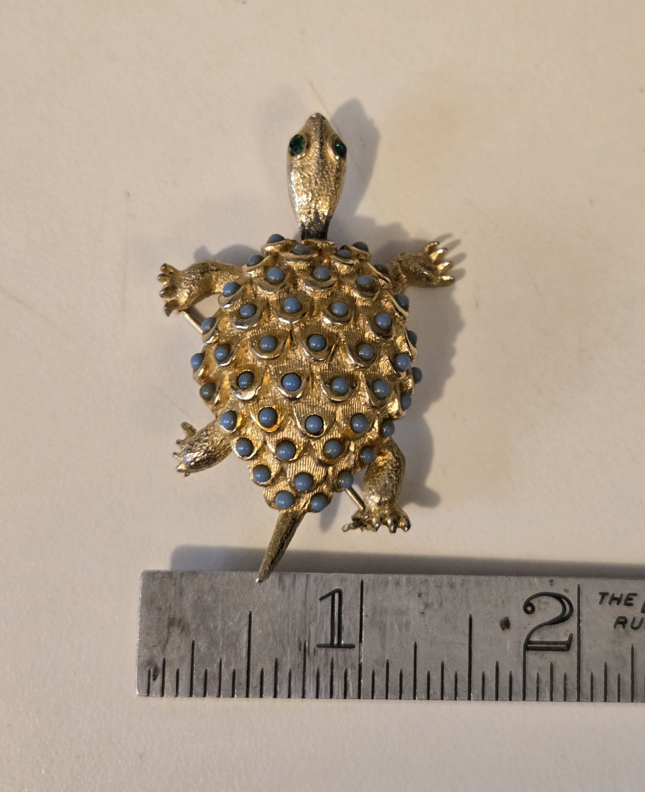 Gold Tone Turtle Blue Cabochons Green Rhinestone Eyes Reticulated Head Brooch