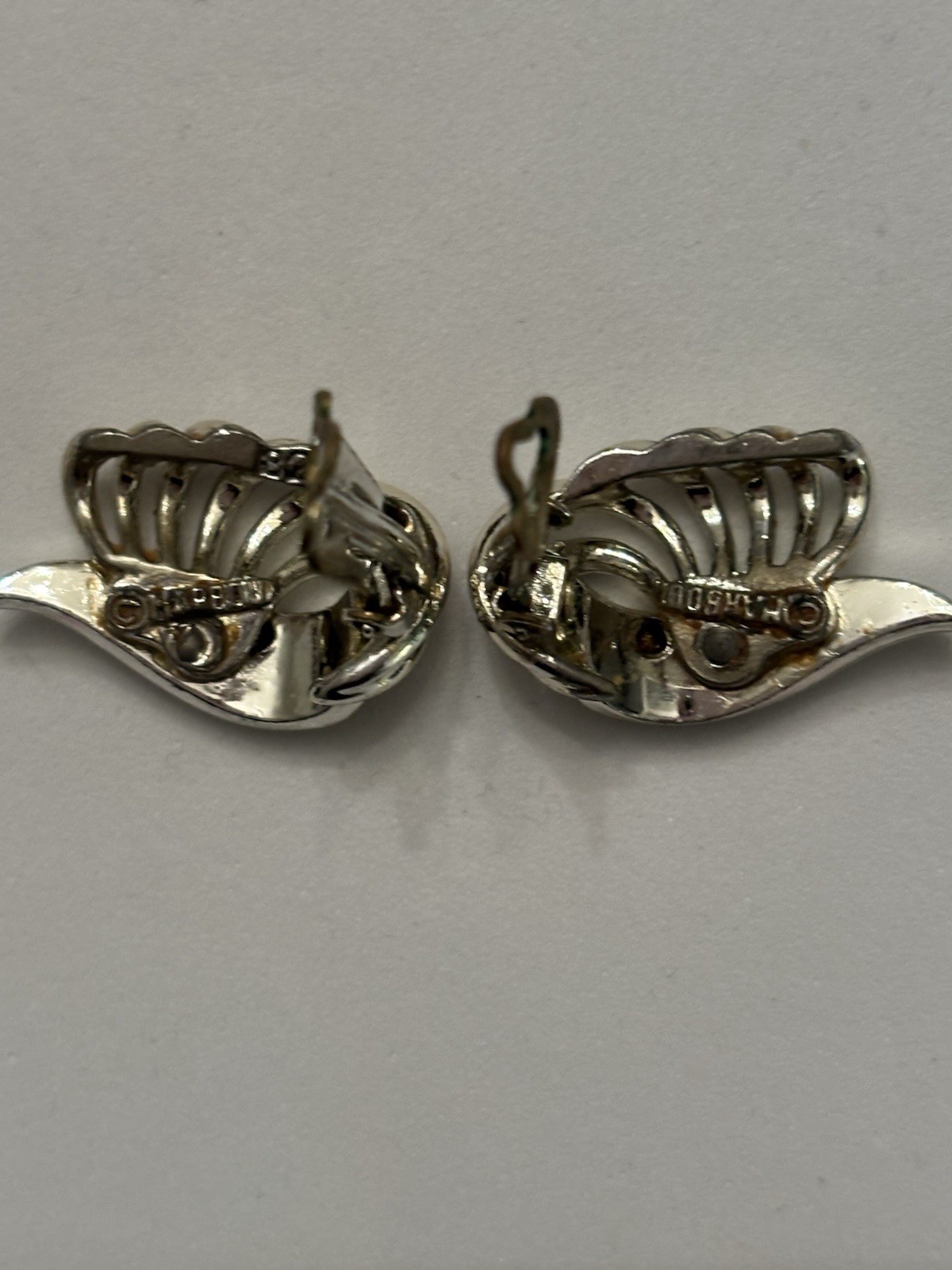 Vintage Signed Marboux Rhinestone Clip On Earrings Silver Tone Swirl Ribbon