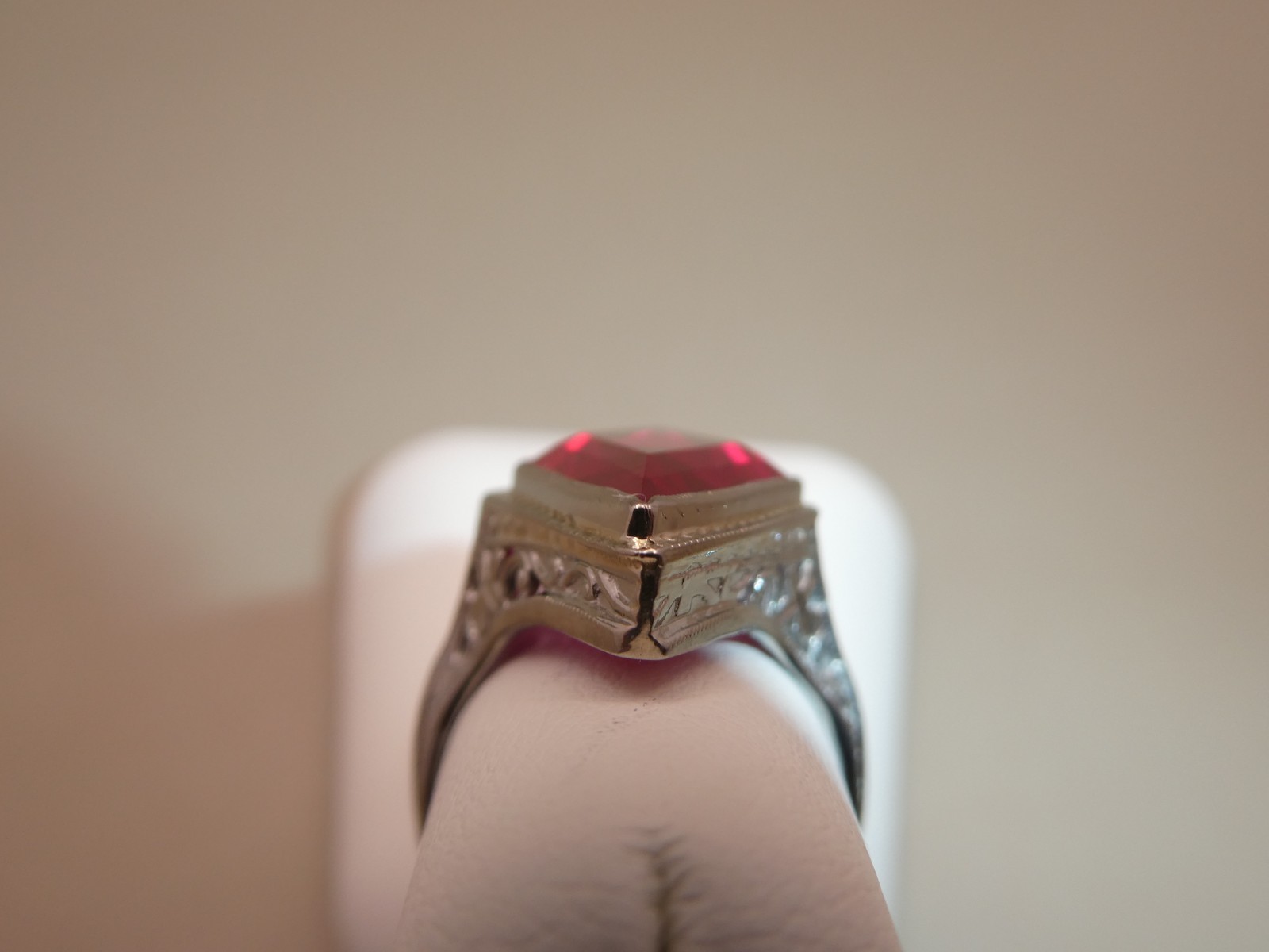 Antique Lozenge Shape of Period Syn. Ruby 18k Filigree Ring Size 5.5. 5.8g L59