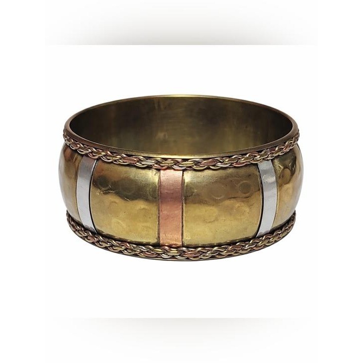 Vintage Mixed Metal Wide Bangle Bracelet Brass Copper Silver Tone Braided Trim