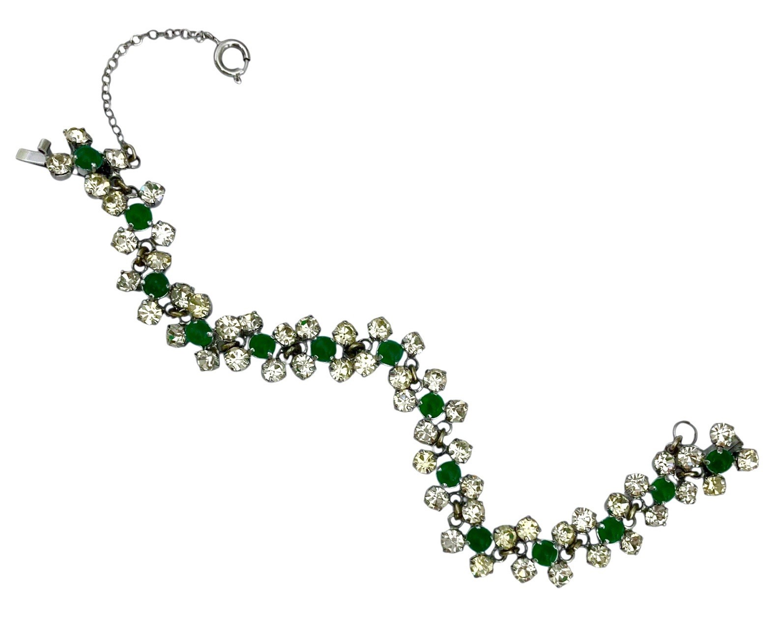 VINTAGE 1950’s Silver Tone Faux EMERALD & CLEAR AUSTRIAN CRYSTAL Link Bracelet