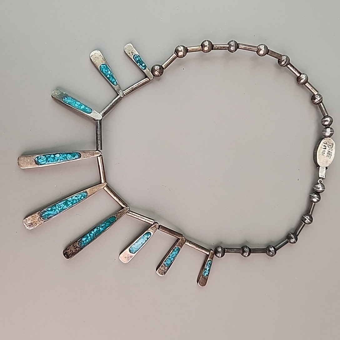 Vintage Mexican Necklace Sterling Silver Turquoise Chip Inlay Fringe Eagle 2