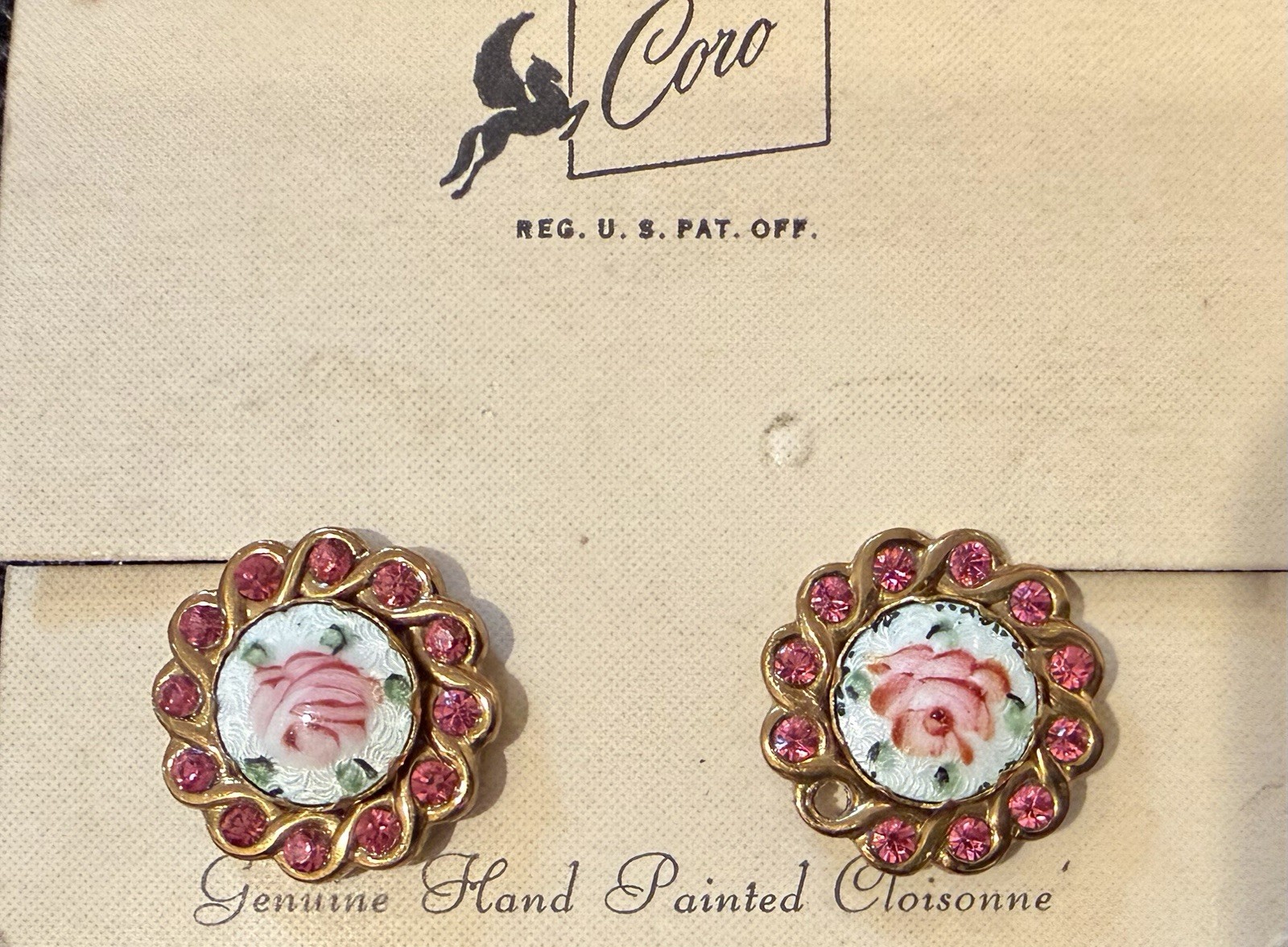 Vintage Coro Pink White Flower Rhinestone Pin & Screw Back Earrings
