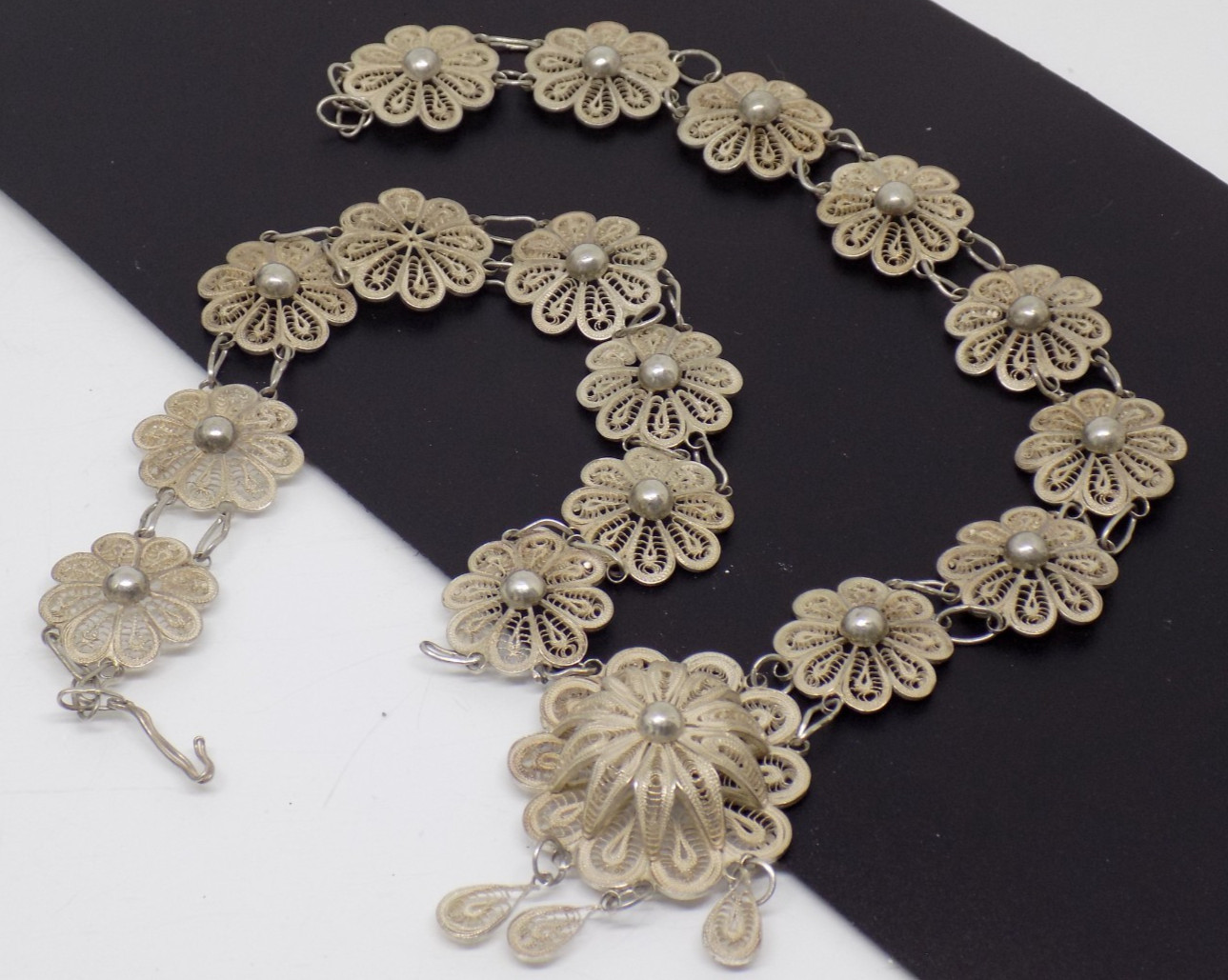 925 Sterling Silver Cannetille Filigree Floral Flower Necklace Tassel Pendant
