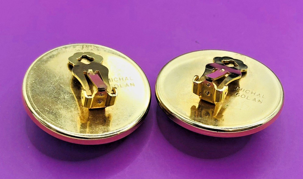 Vtg. MICHAL GOLAN Clip Earrings Gold Tone, Purple, Green Stone Round 1 1/4 In.