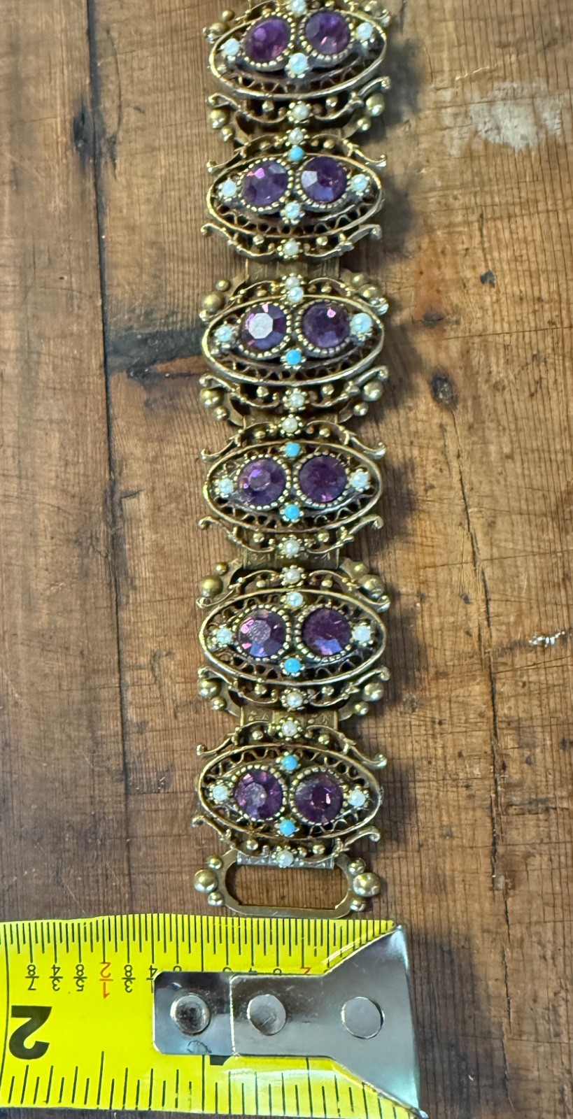 Fab Vintage Victorian Revival Cast Gold Wash Bracelet purple turquoise pearl