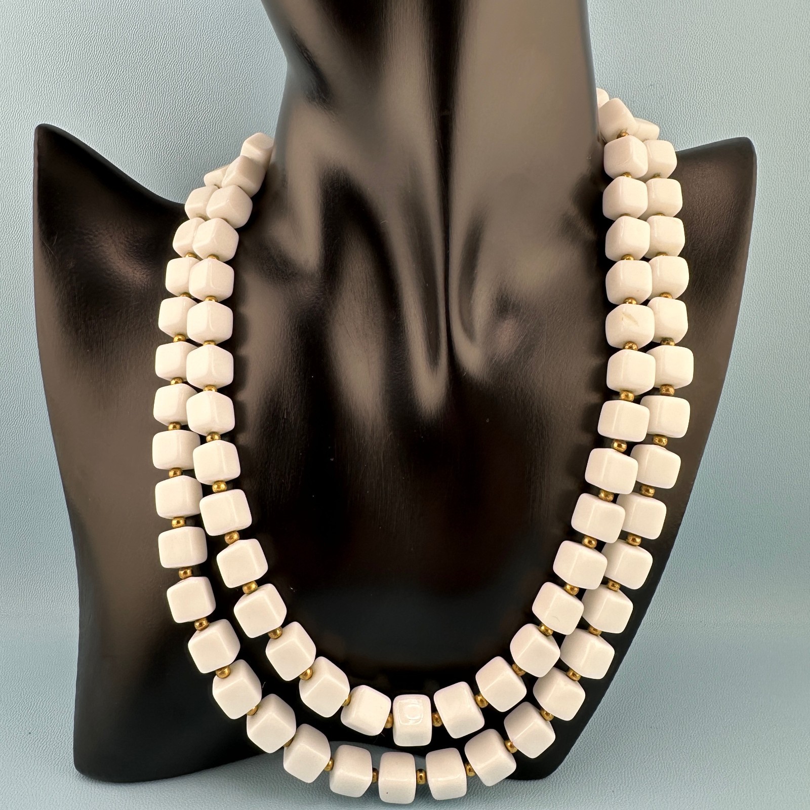 Vintage White Milk Glass Necklace Double Strand Square Shape Bead Retro Mod 18″