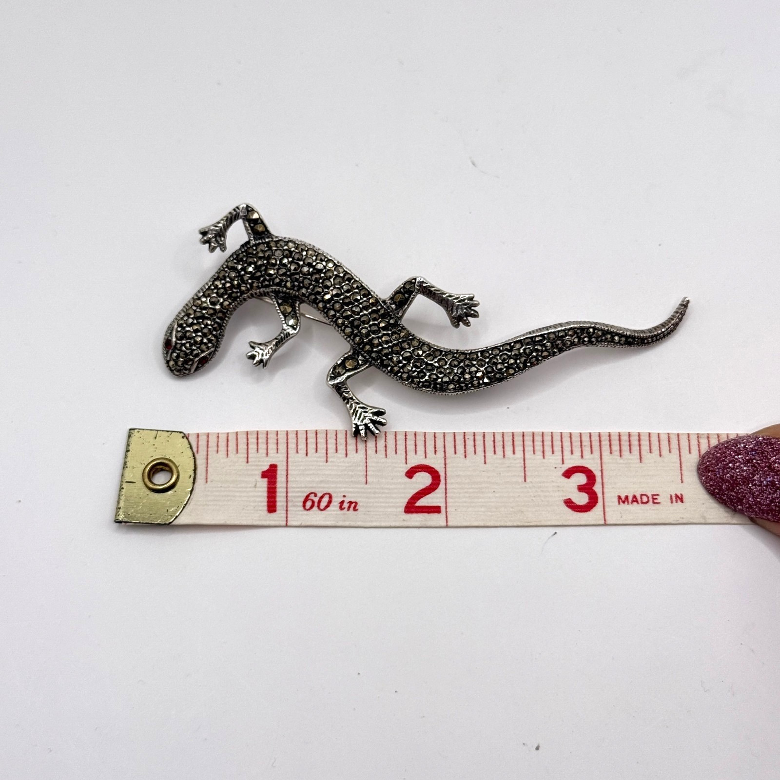 Vintage Marcasite Gem Lizard Pin Brooch 925 Sterling Silver Signed FJ 12.58g