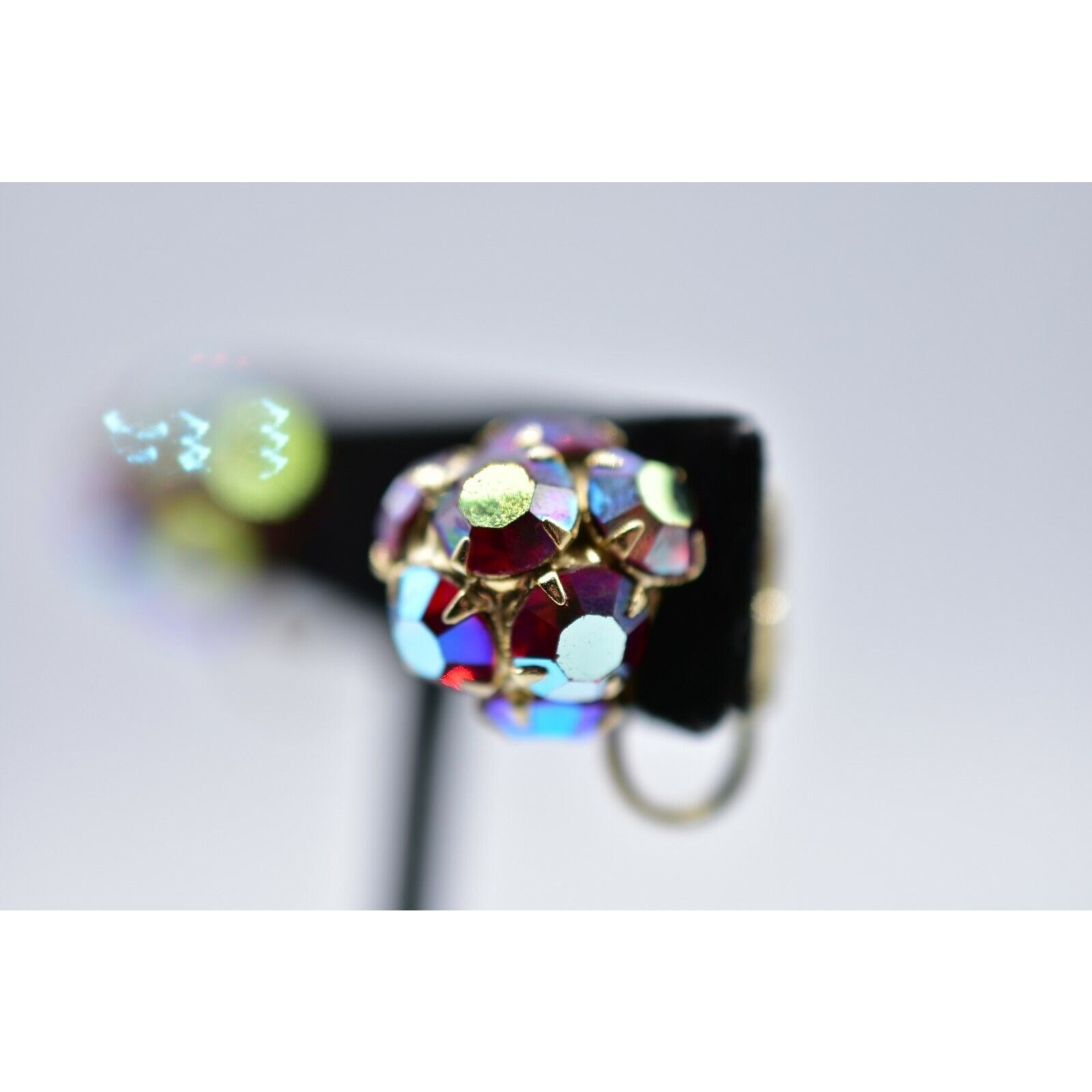 Kramer Vintage Crystal Clip On Earrings Red Aurora Borealis Signed 1950s Bin4
