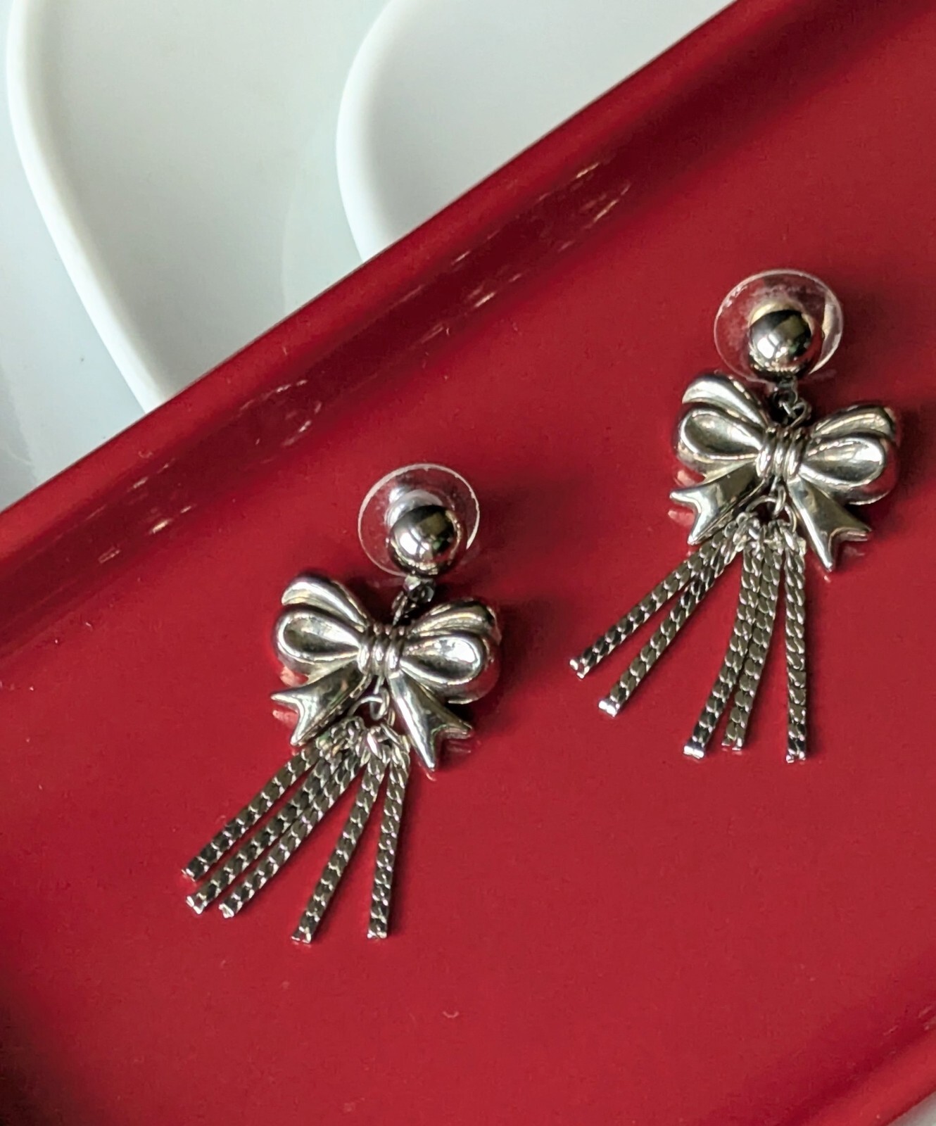 Vintage Silver Tone Ribbon Bow Tie Tassel Chain Charm Drop Stud Dangle Earrings