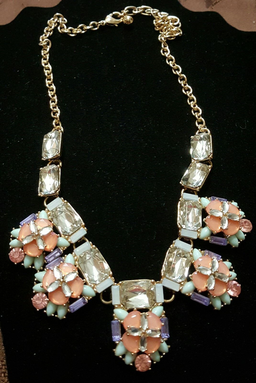 Vintage Clear Rhinestone & Pastel multi color stone Statement Necklace Gold Tone