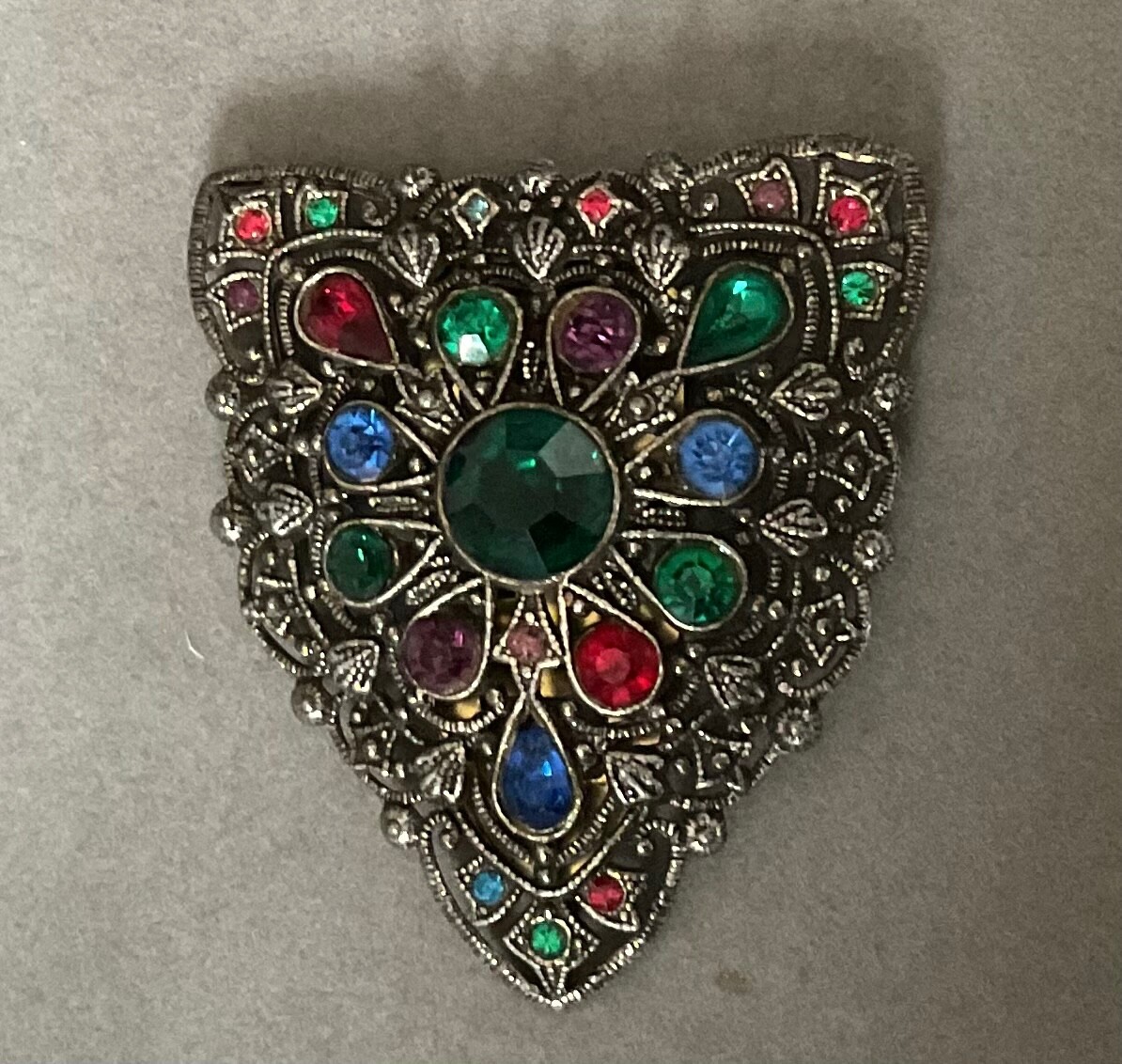 Vintage NE Glass Works Triangle Clip/Brooch w/ Multicolor Rhinestones 071424