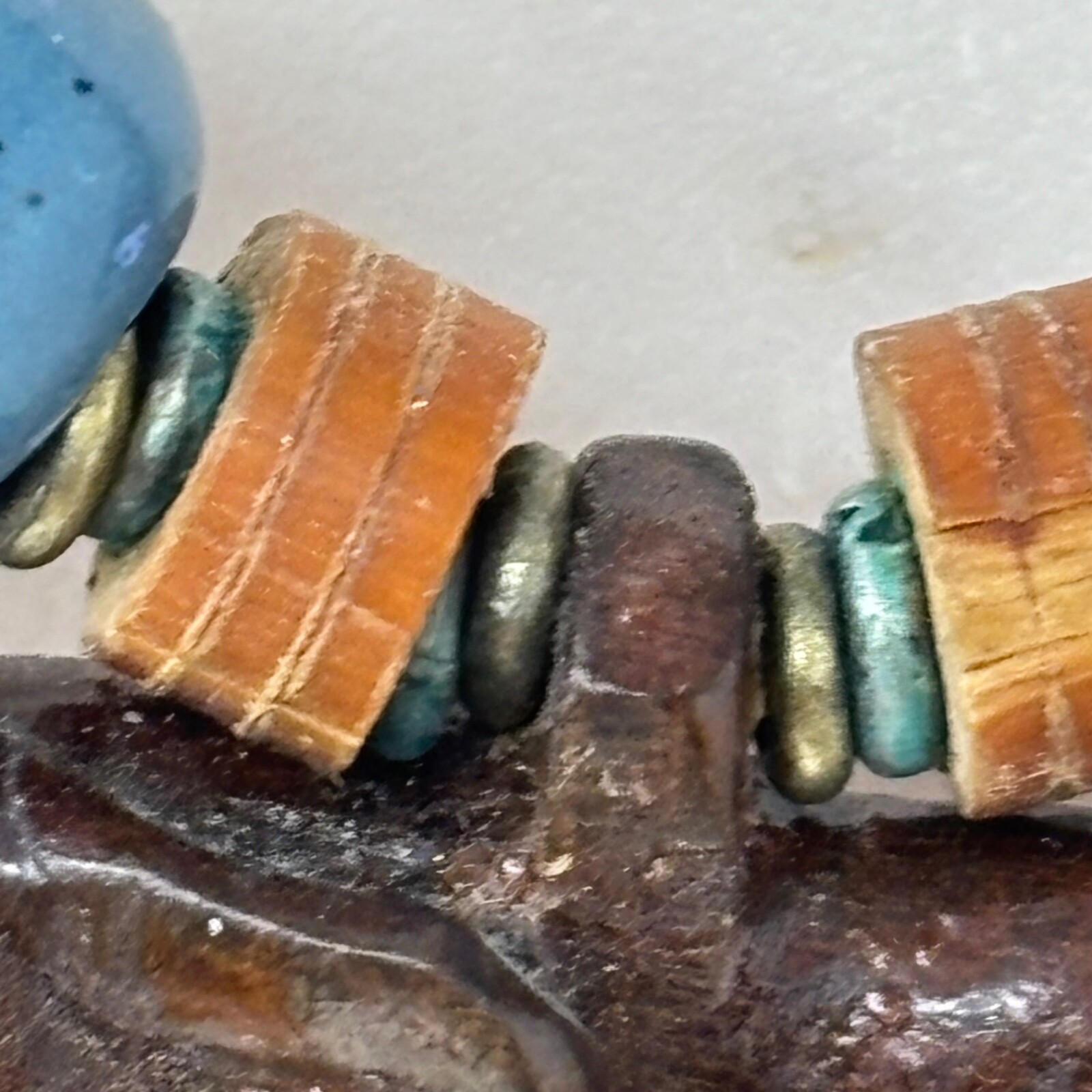 Vintage Beaded Necklace Blue Ceramic Tan Wood with Elephant Pendant Verdigris