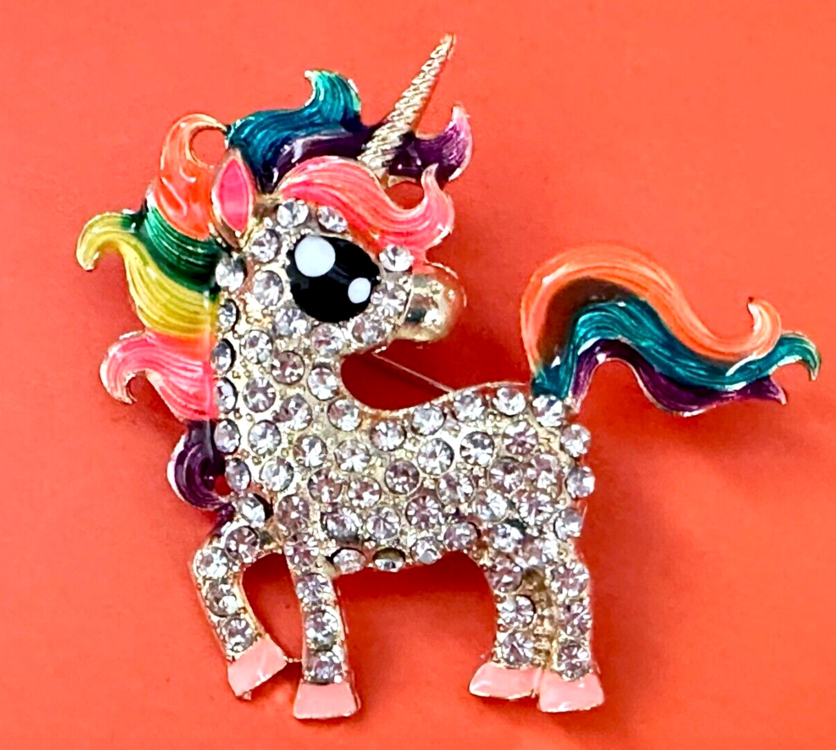 Gold Tone Unicorn With Rhinestones & Rainbow Colors Enamel Brooch