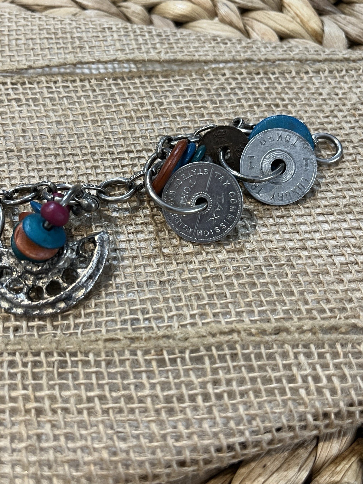 Vintage Artisan Crafted Coin Charm Bracelet Mixed Materials Estate Jewelry Boho