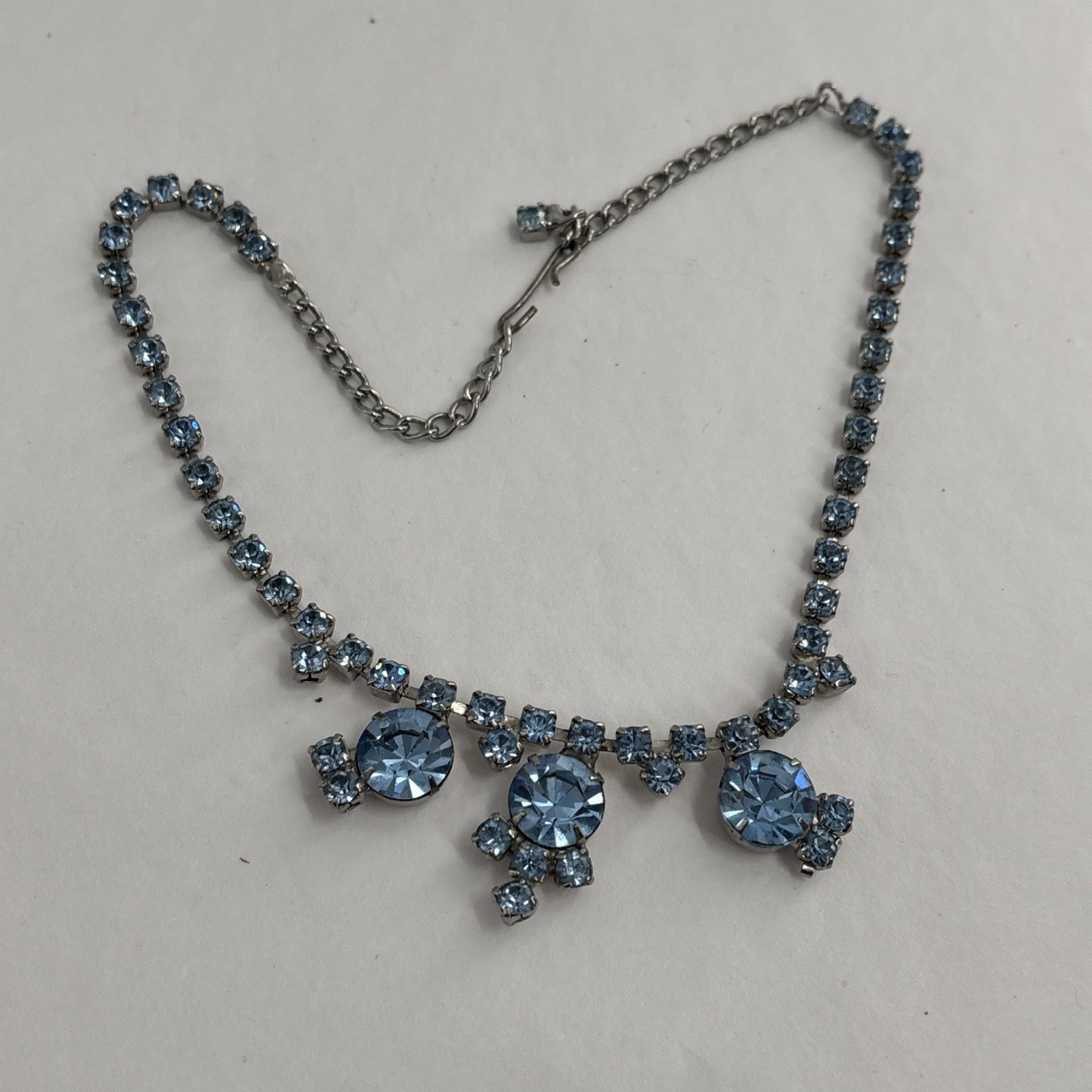 Vtg 1950s Necklace Triple Drop Choker Aquamarine Ice Blue Rhinestone Silver Tone