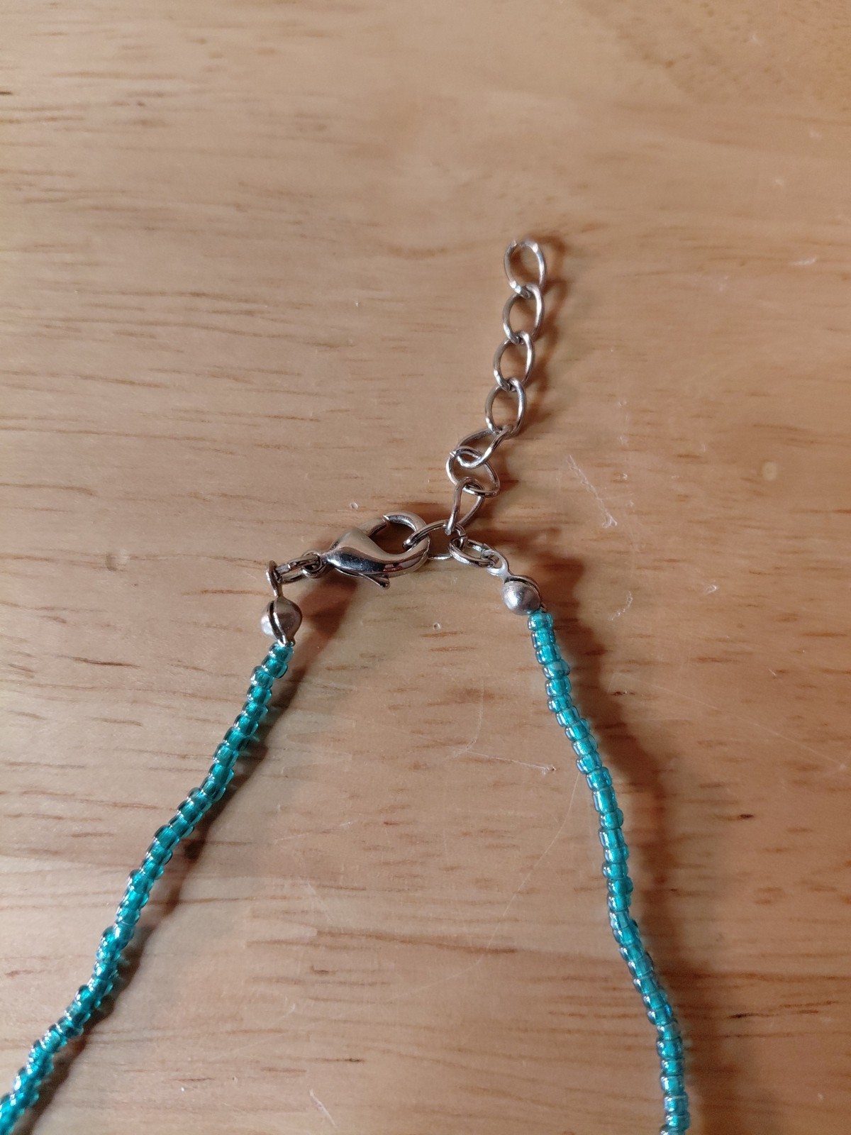 Blue Acrylic & Glass Bead Pendant Necklace – Handbeaded – 15″