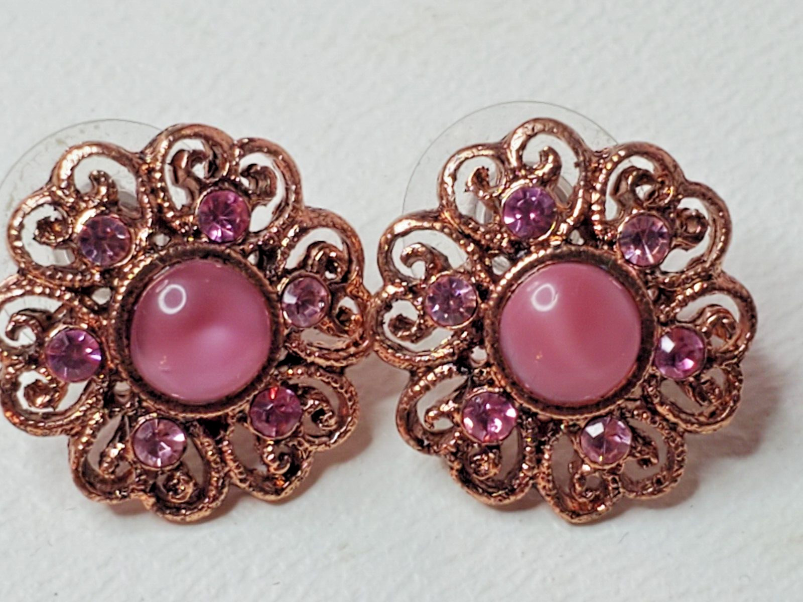 Pink Stone Tigers Eye Rhinestone Copper Colored Stud Earrings Heart Scroll