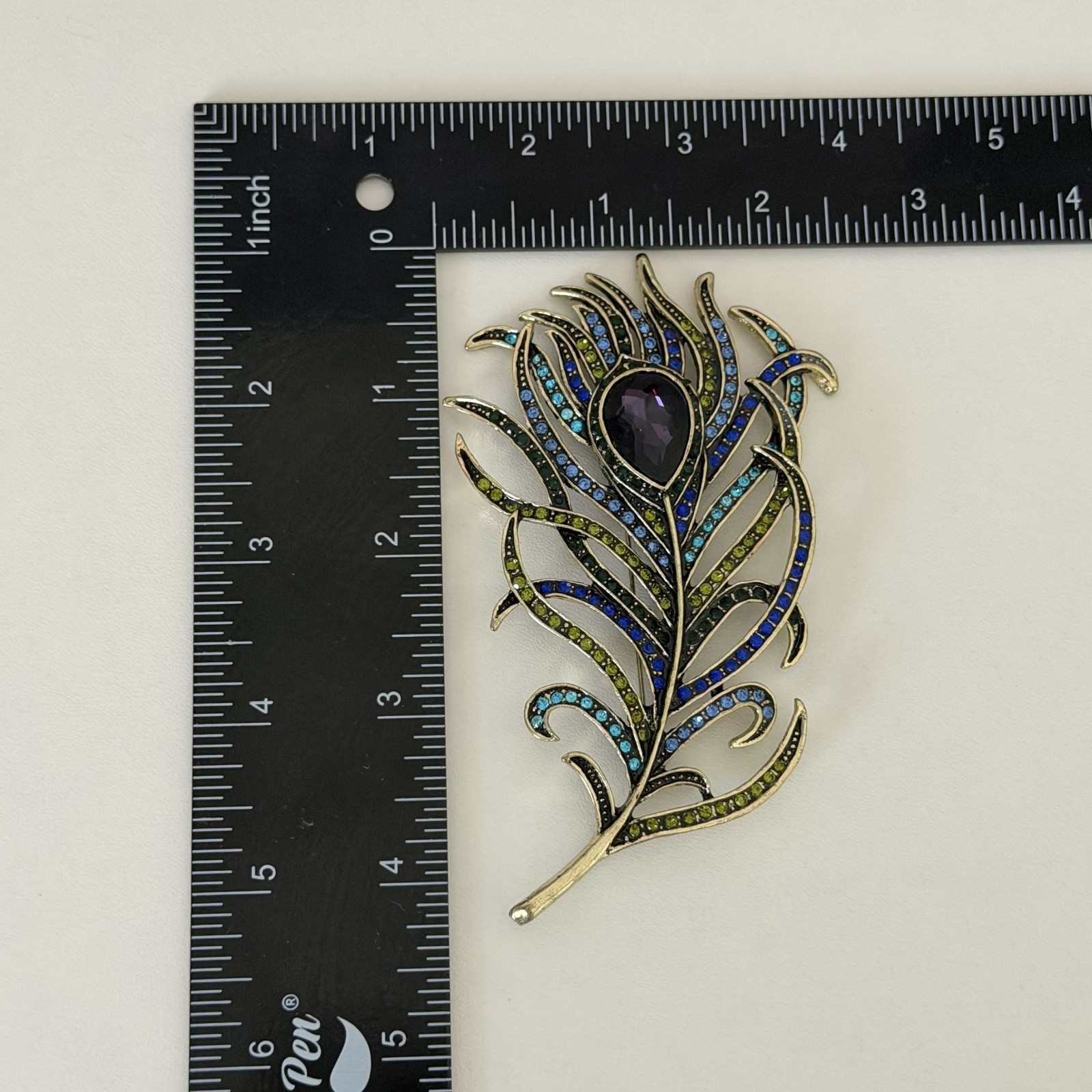 Heidi Daus Signed Vintage Big Peacock Feather Rhinestone Brooch Pin Purple Blue