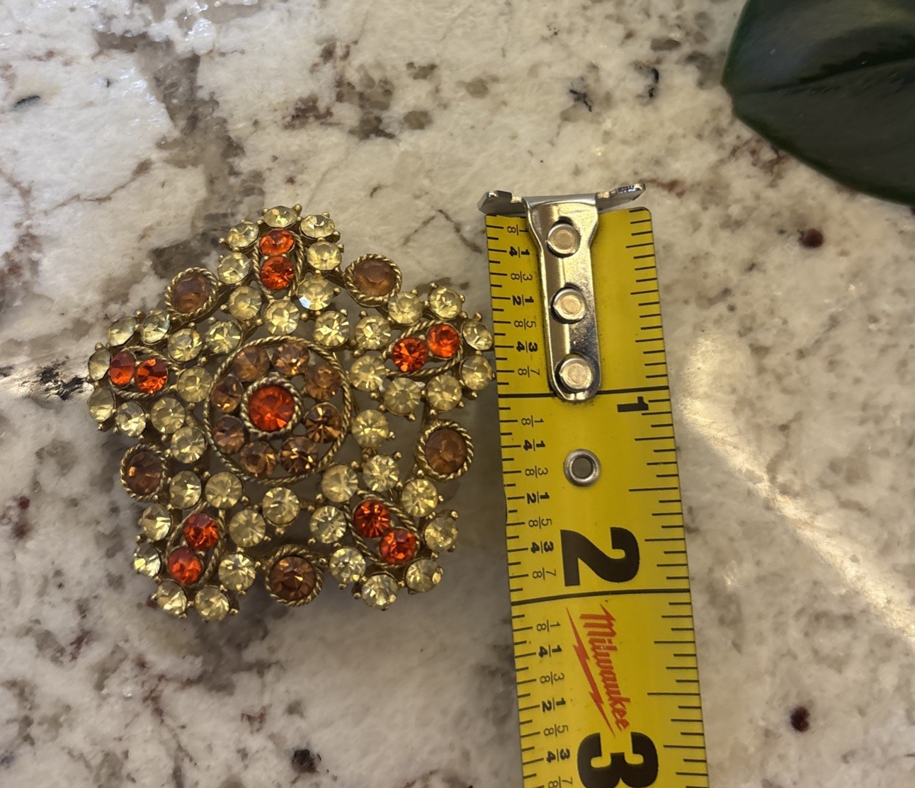Vintage Round Floral Rhinestone Brooch Pin Fall Colors Green Orange Brown Gold