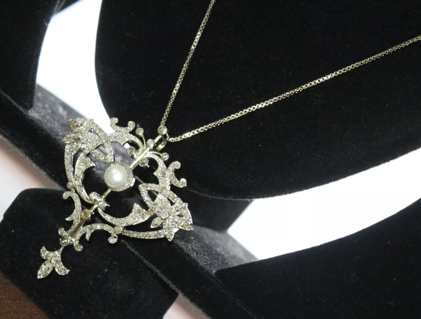 4.16ct Rose Cut Diamond Victorian Look Pearl 925 Silver Brooch And Necklace