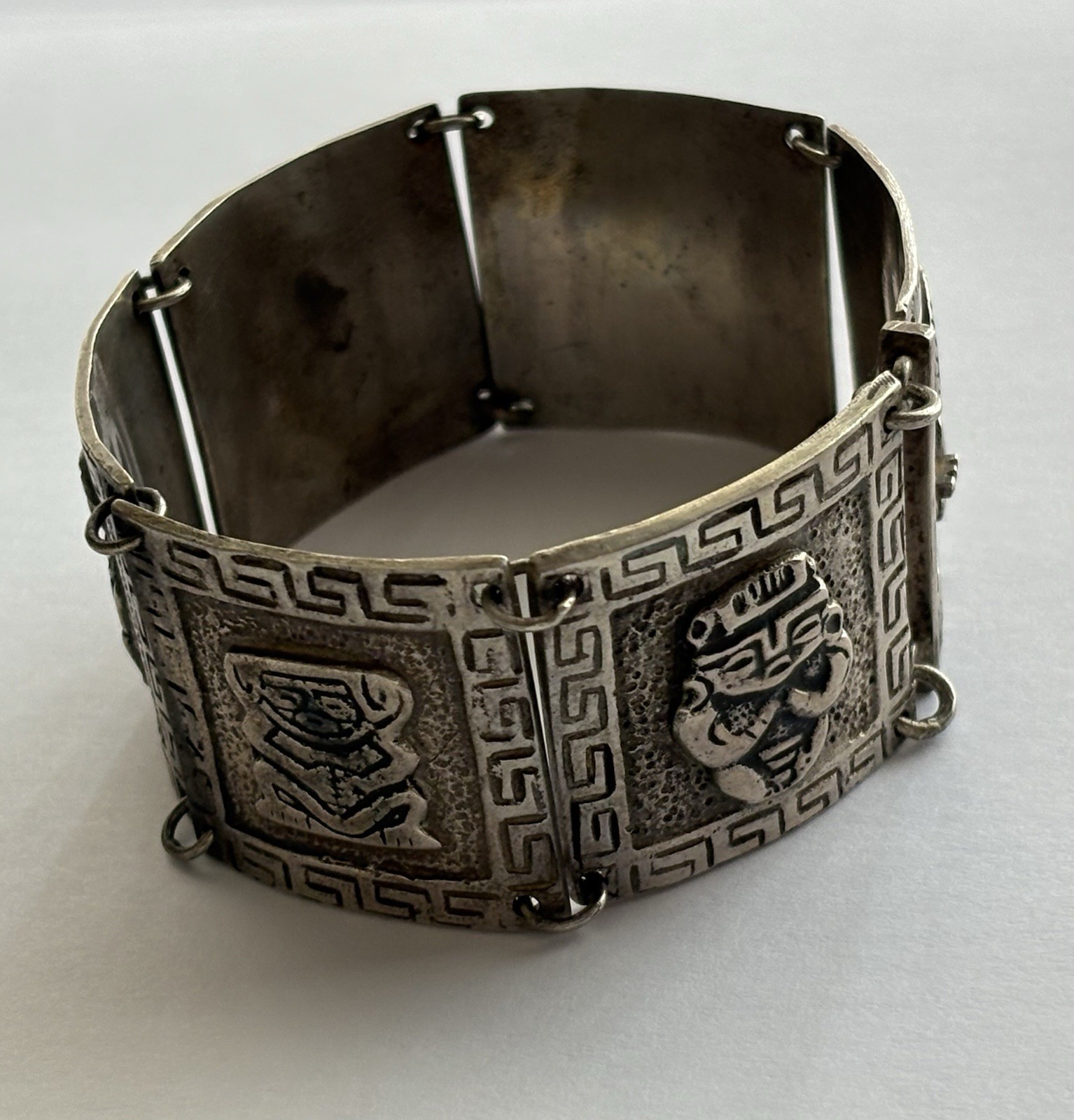 Vintage Silver Peru Panel Bracelet Ethnic Wide Heavy 7.25in 900 Plata 63.45g