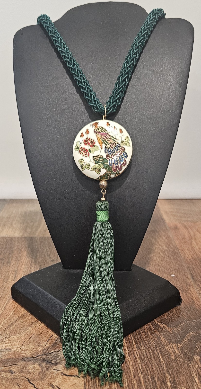 Cloisonné Necklace Peacock 2 Side Puffy Medallion Green Silky Cord Tassel