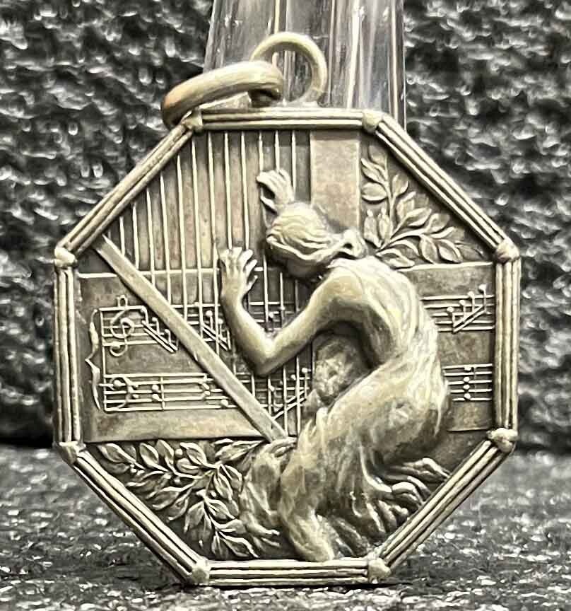 Uruguay circa 1920 antique Art Nouveau lady romantic scene playing harp Awesome!