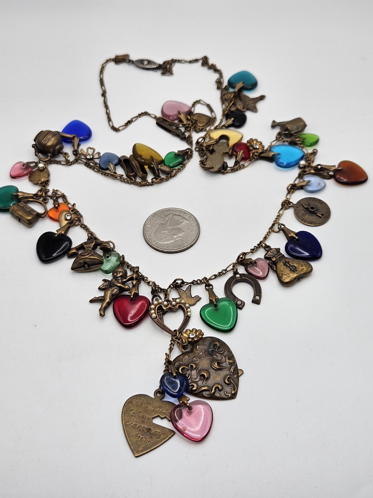 Glass Works Studio Brass Tone Multicolor Glass Dangle Hearts Charm Necklace