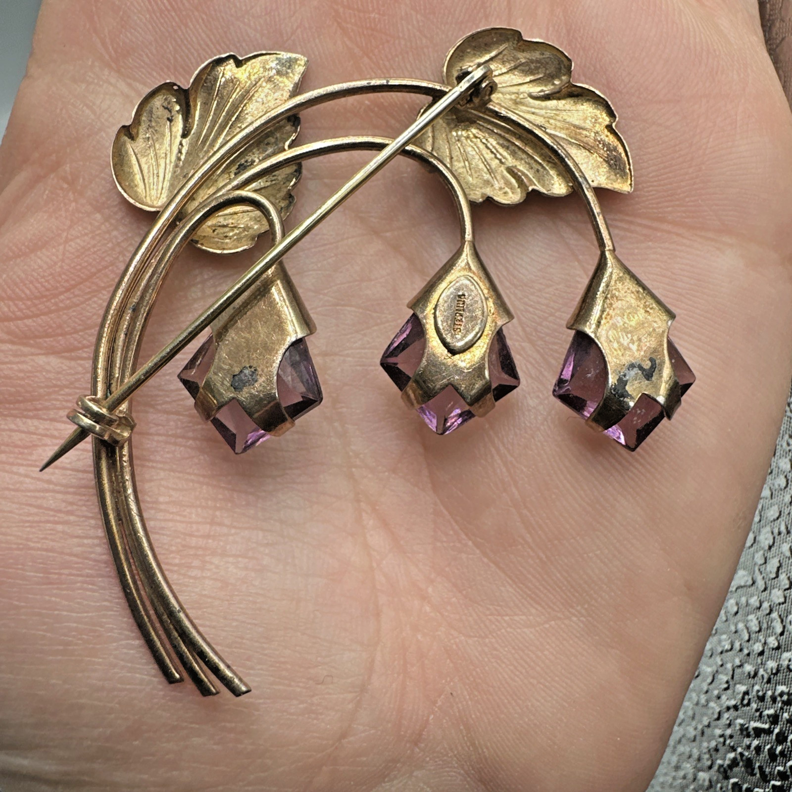 Vtg Sterling Silver Gold Vermeil Purple Rhinestone Flower Brooch & Earrings Set