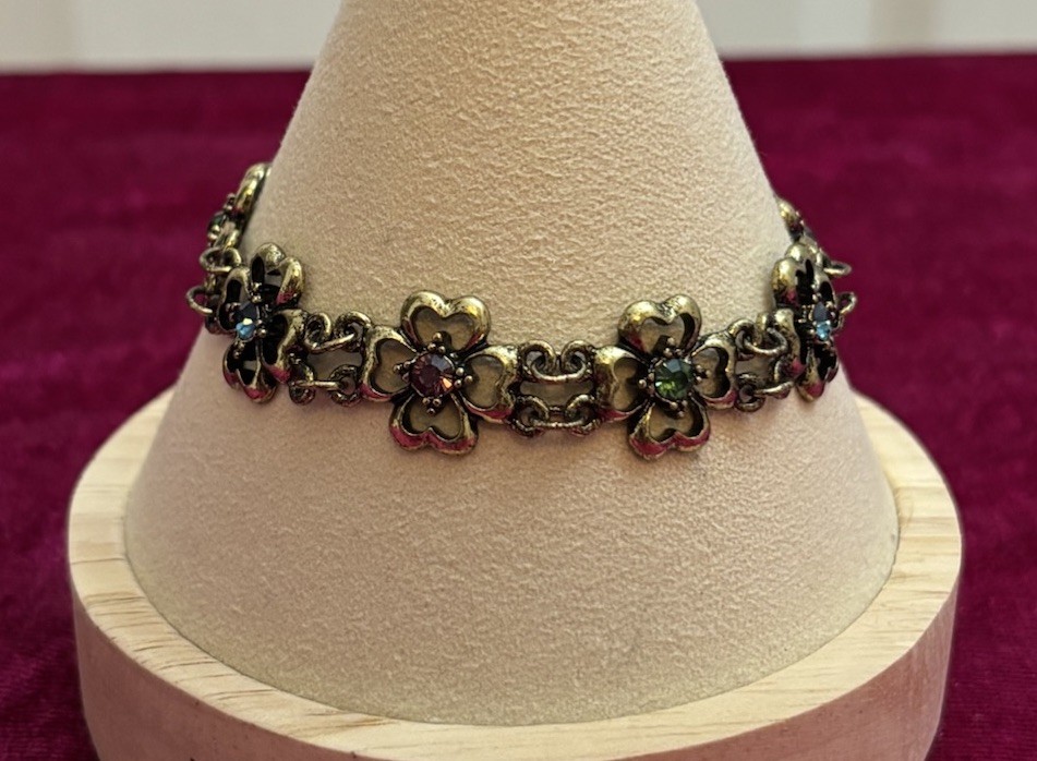 Bronze Tone Floral Shaped Link Rhinestones Bracelet 7.5