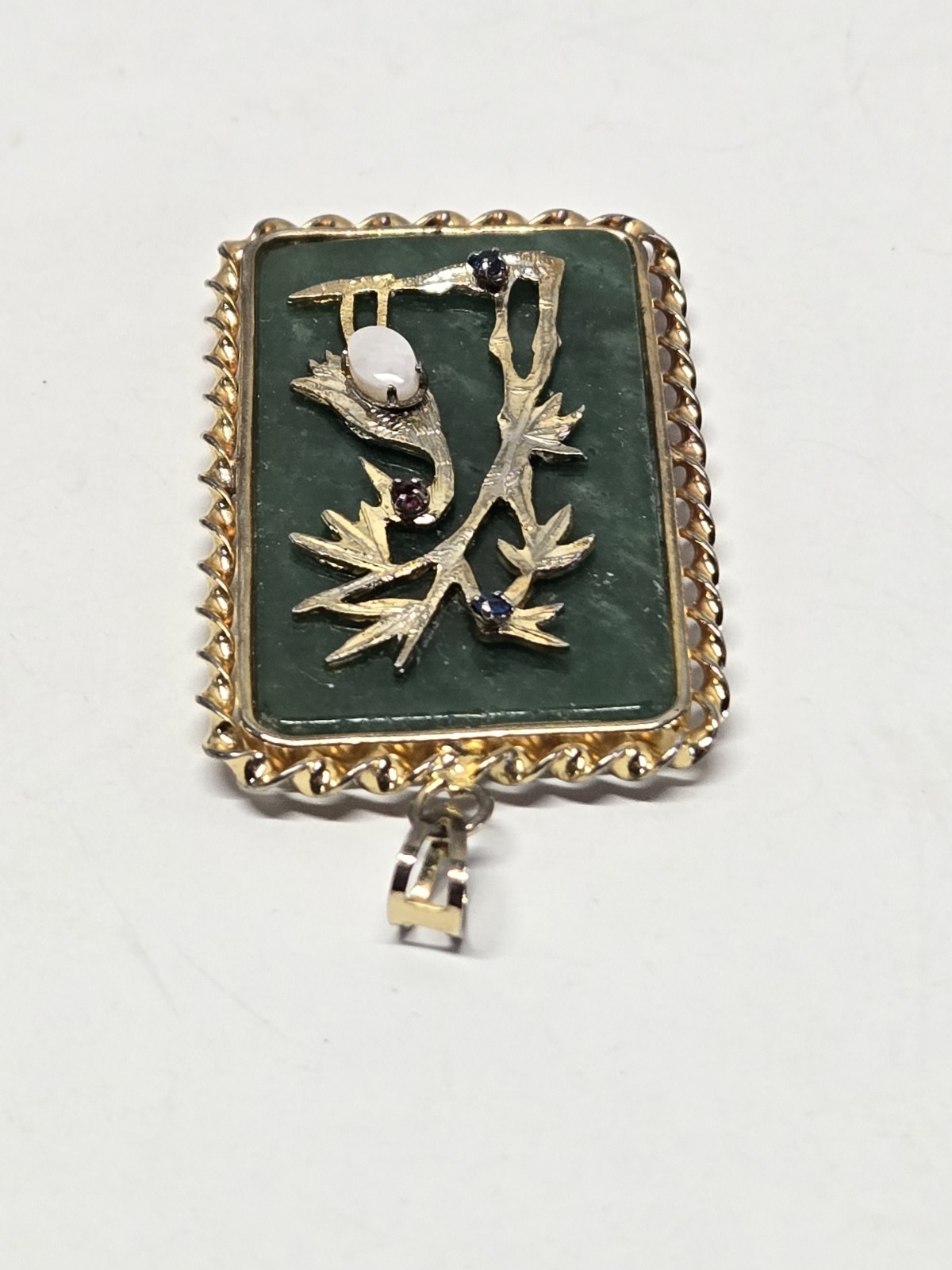 VTG Chinese Green Jade Pendant Crane Longevity Good Fortune Ruby Sapphire Opal