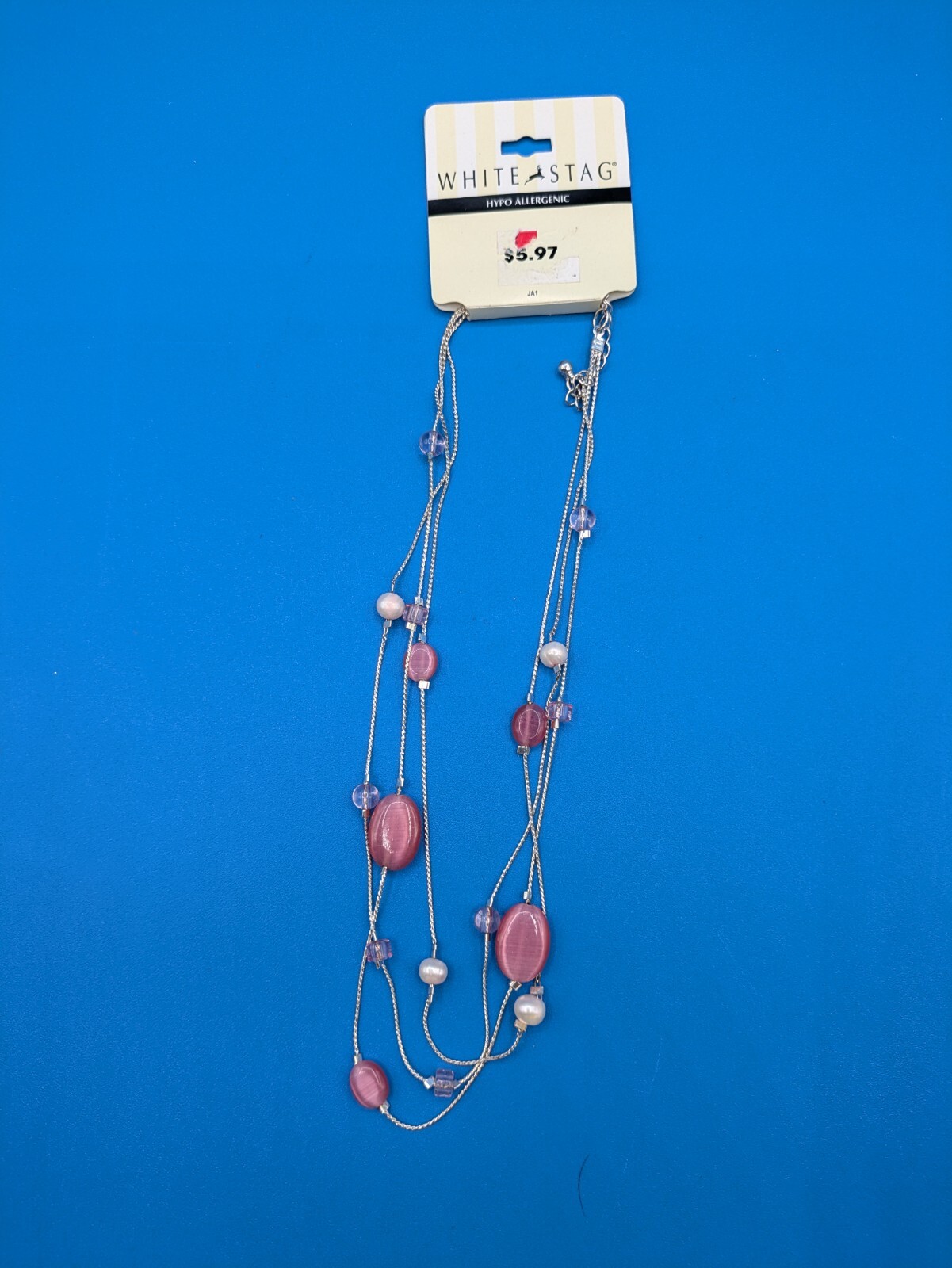 White Silver Tone With Pink Beads Necklace Hypo Allergenic New
