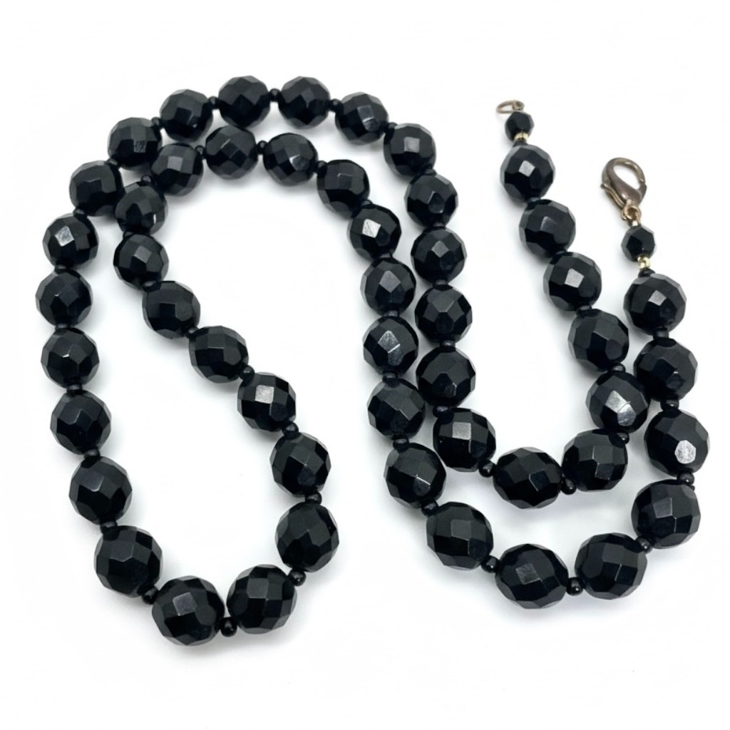 Vintage Black Faceted Glass French Jet Bead Mourning Necklace 25″ 64g